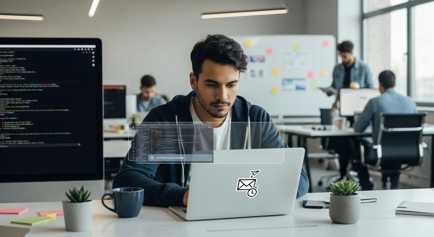 Developer working on a laptop in a tech-focused environment, representing underserved user segments for temporary email services