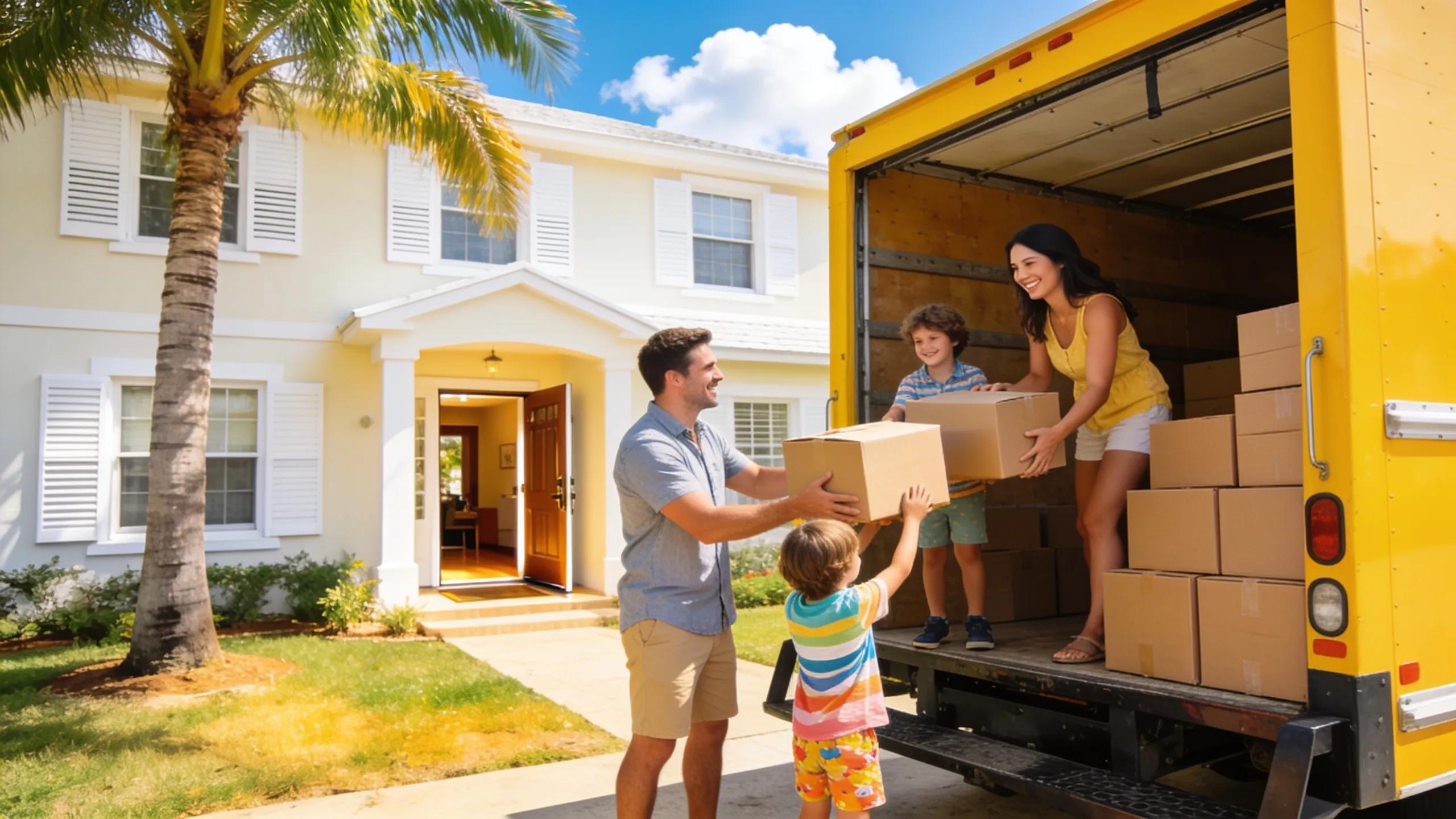 Family happily loading boxes into a moving truck in Palm City, evoking excitement about moving to a new home.