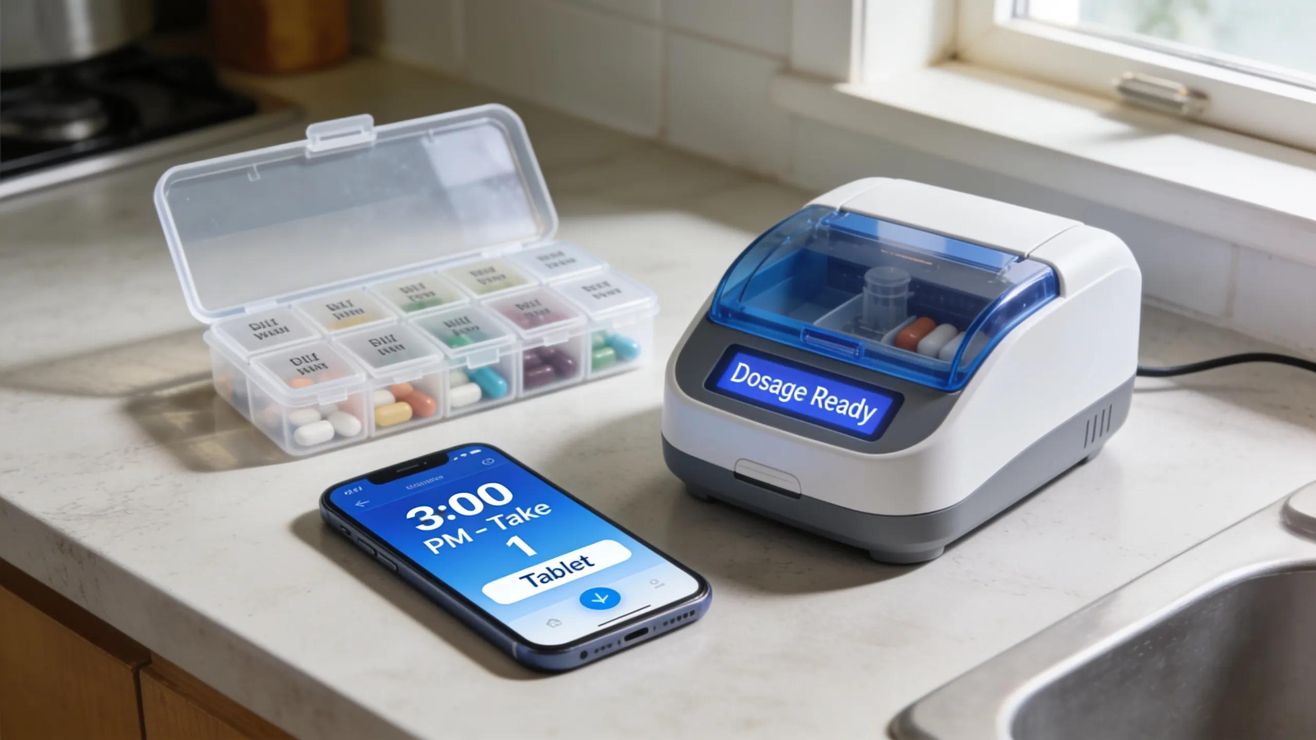 A selection of medication adherence tools: pill organizer, smartphone app, and automated dispenser