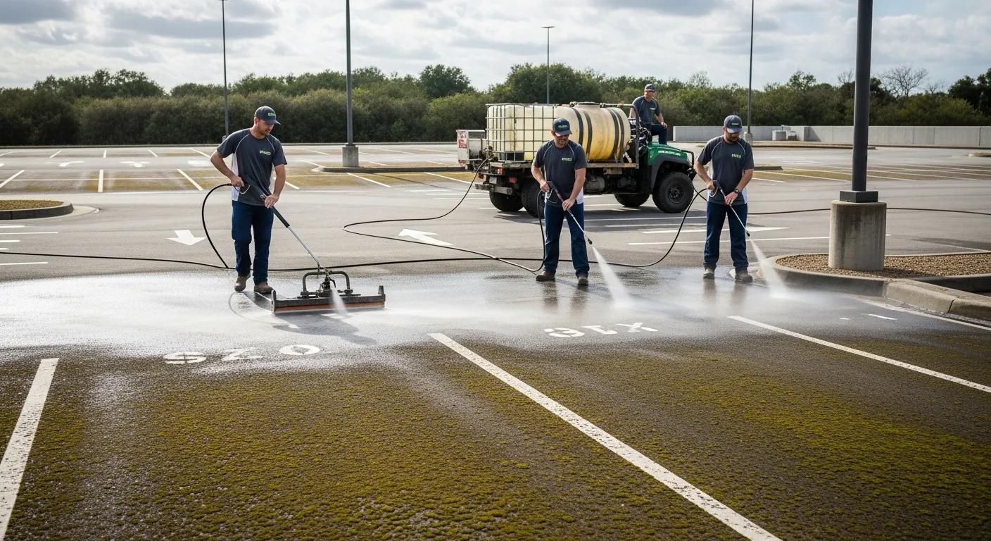 Professional team performing soft wash cleaning on a parking lot