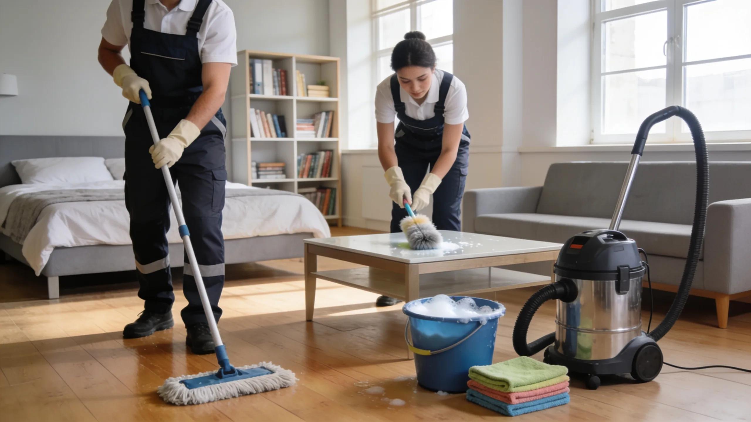 Professional cleaners tidying a home with cleaning tools, representing move out cleaning services.