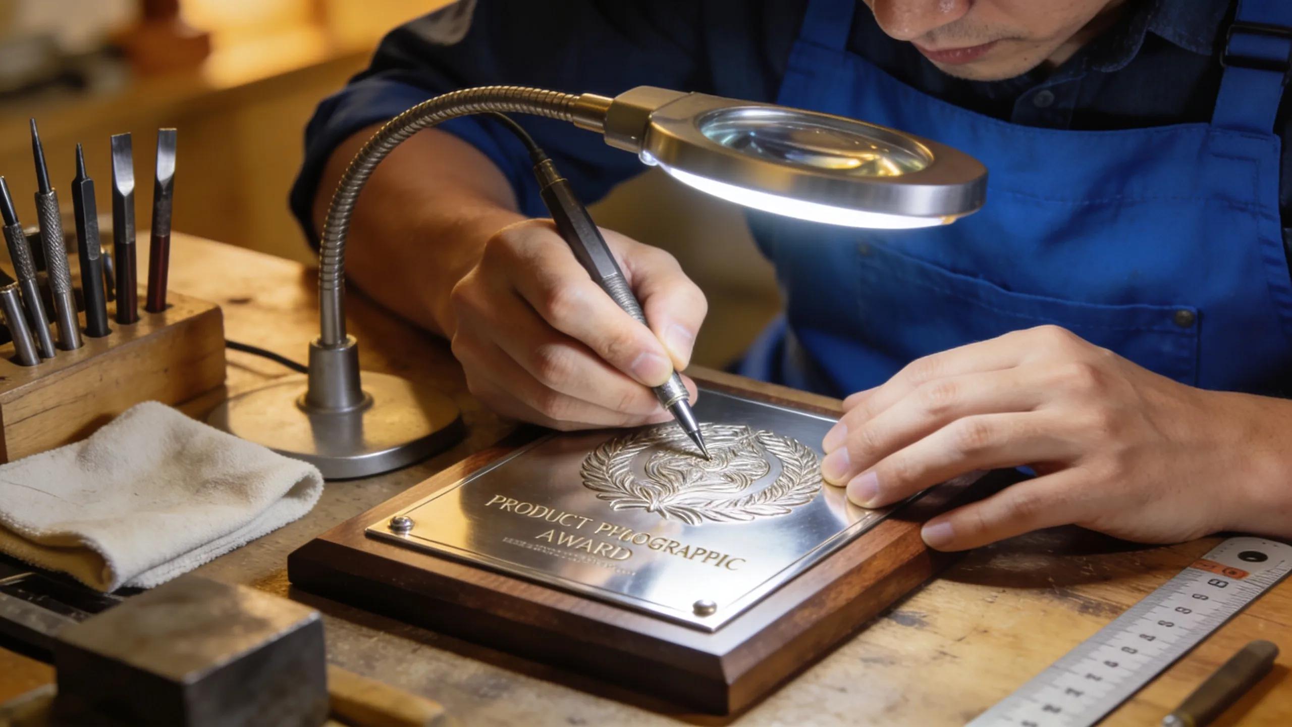 Artisan engraving a custom award showcasing the level of customization involved in pricing decisions