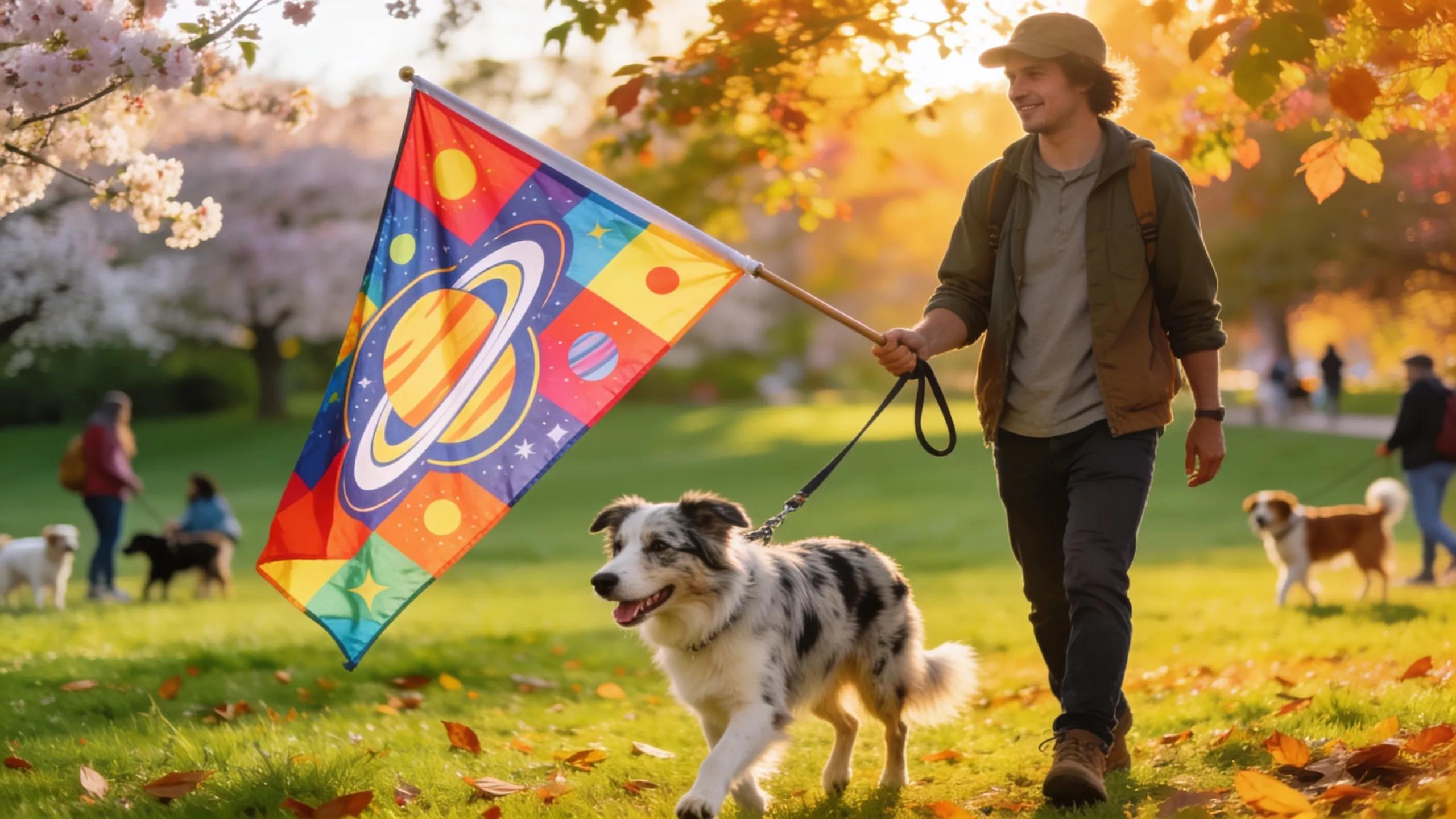 Australian dog owner with Dog Space Flag in a park promoting dog safety and communication