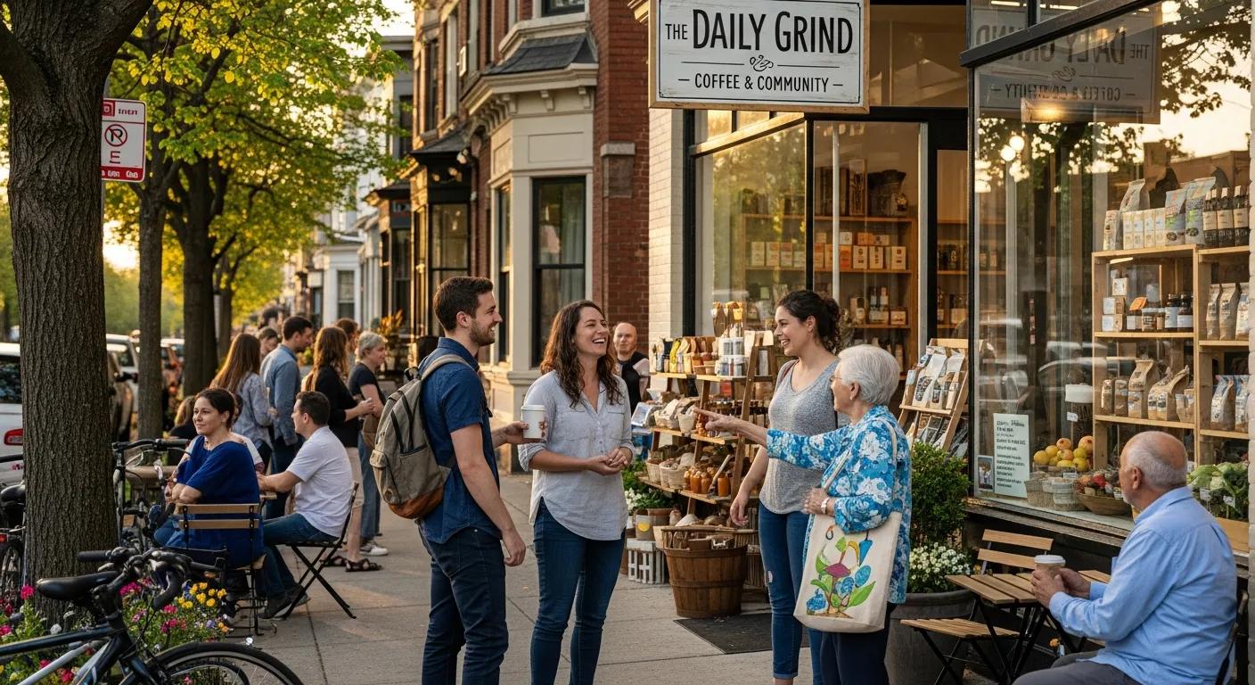 Local storefront with a friendly owner interacting with customers in a neighborhood setting