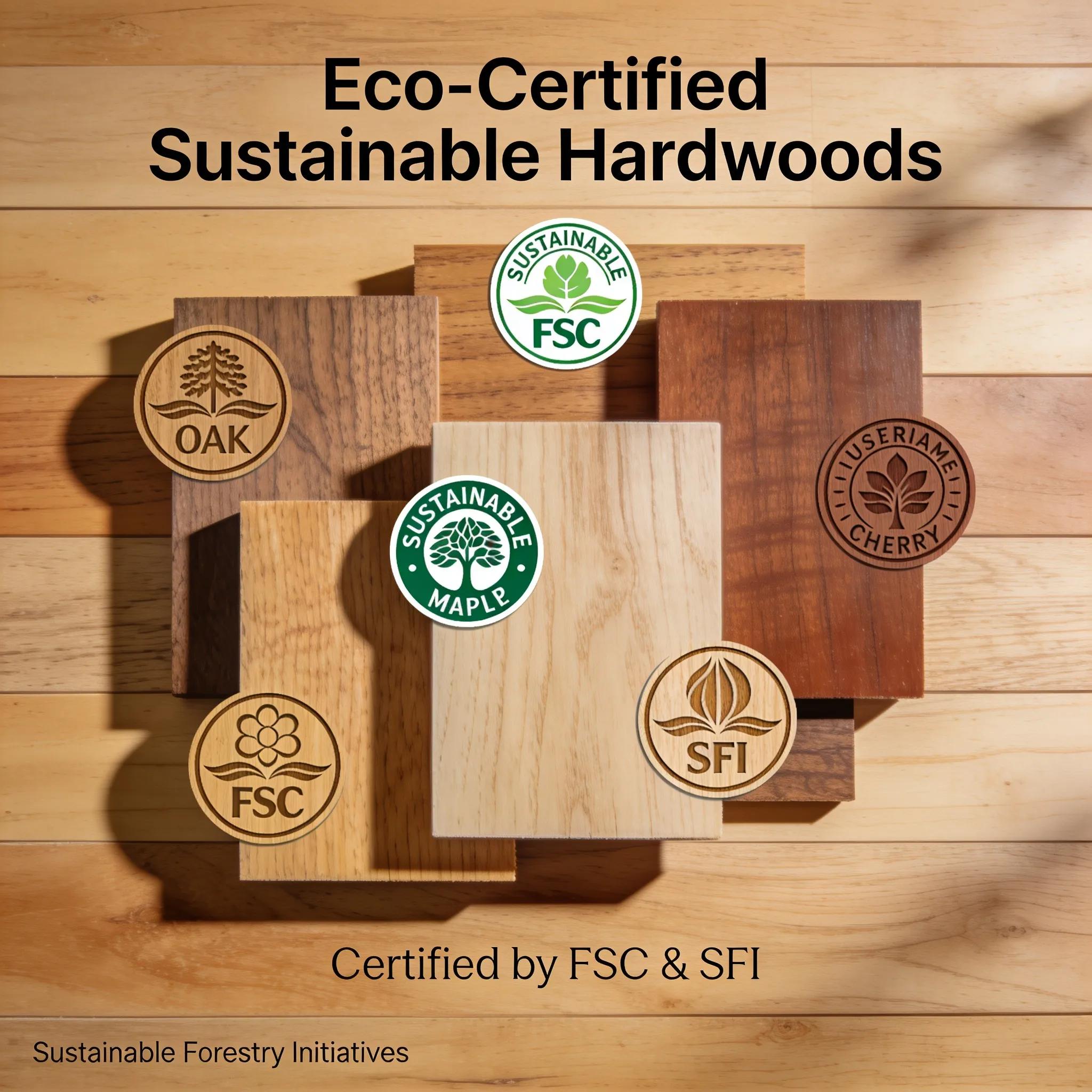 Wood samples labeled with eco certifications, highlighting responsible sourcing and sustainability