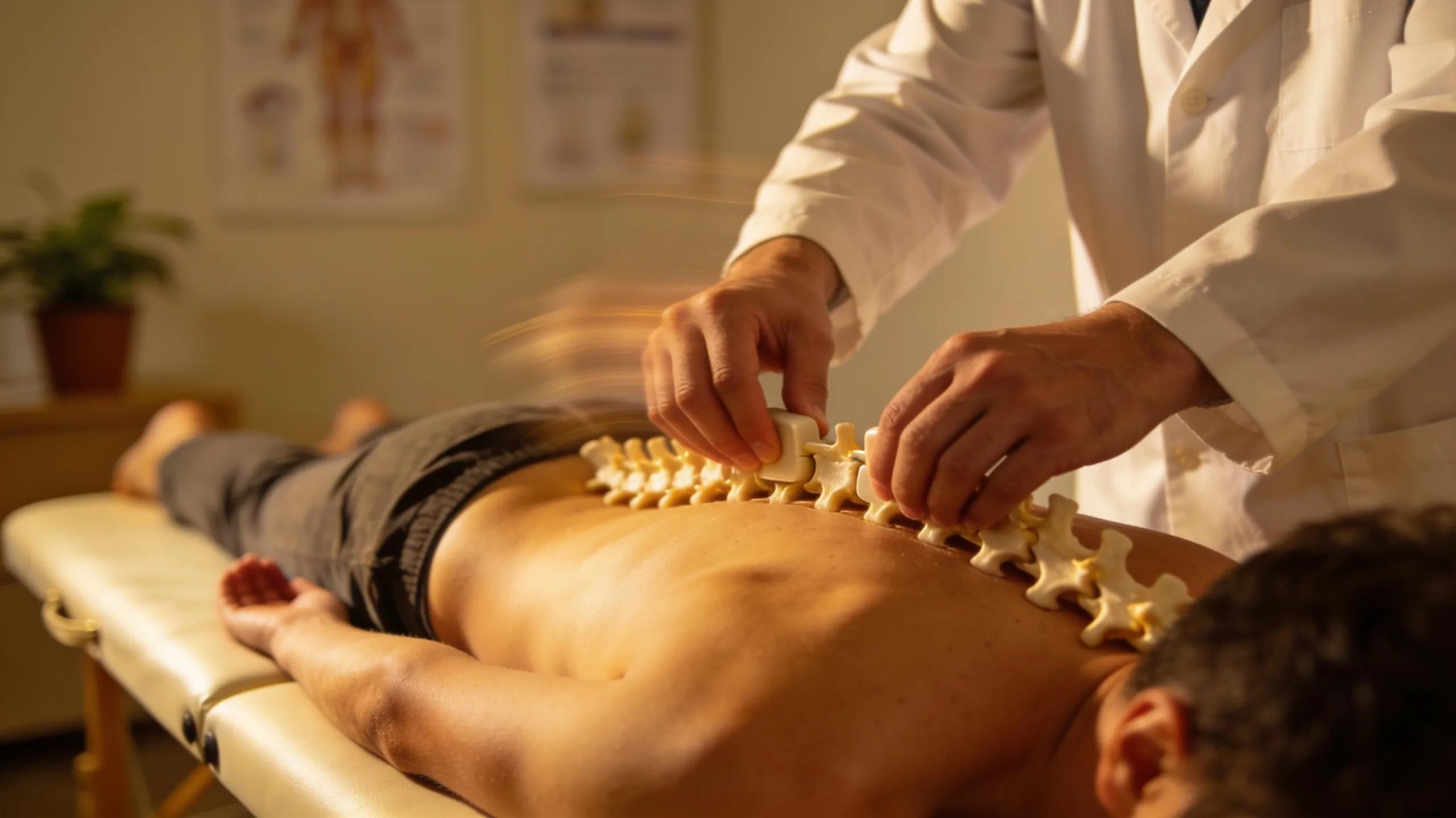 Chiropractor performing a spinal adjustment technique on a patient, focusing on injury recovery