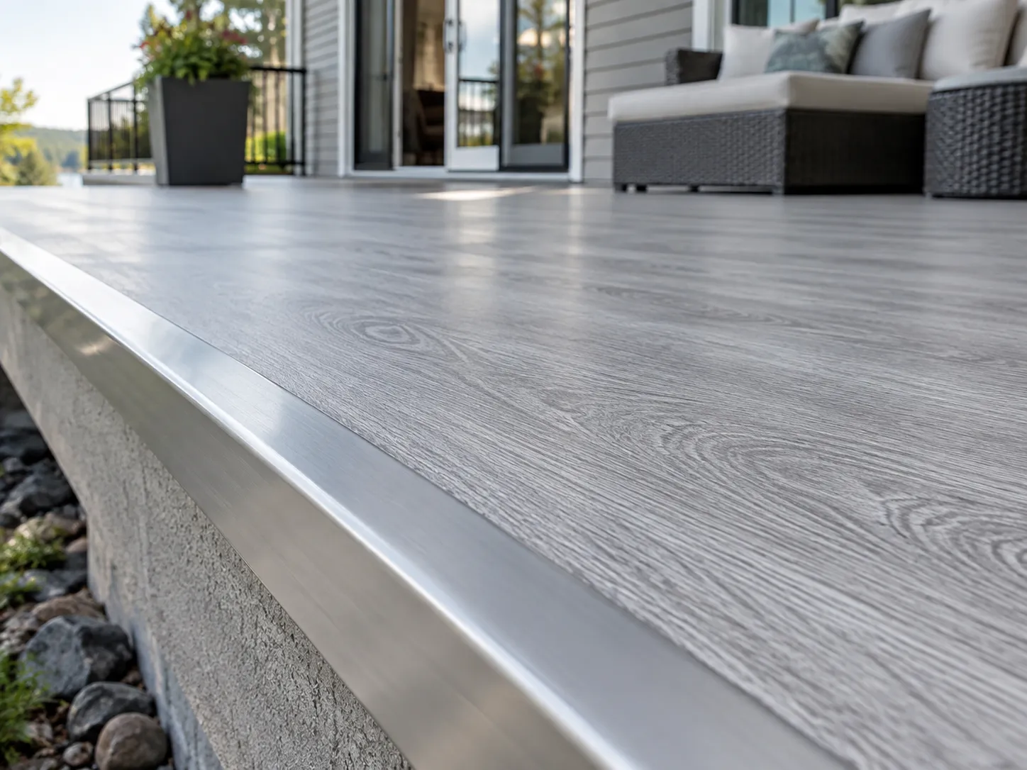 Finished waterproof vinyl deck surface with clean edge detailing