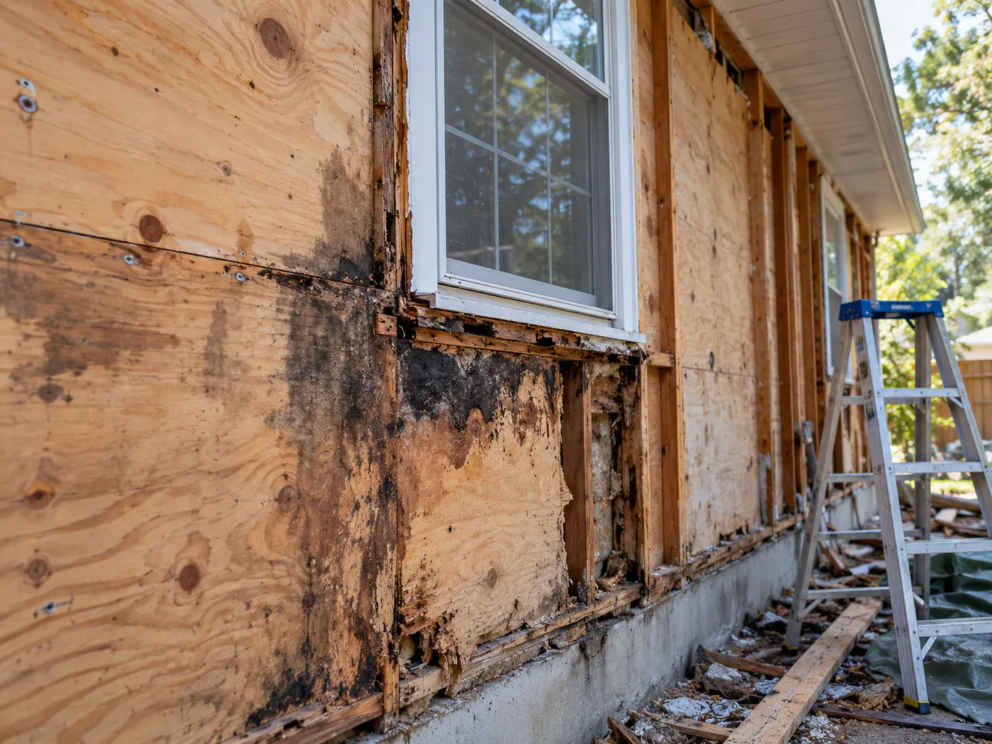 Water-damaged sheathing found under old siding during a replacement