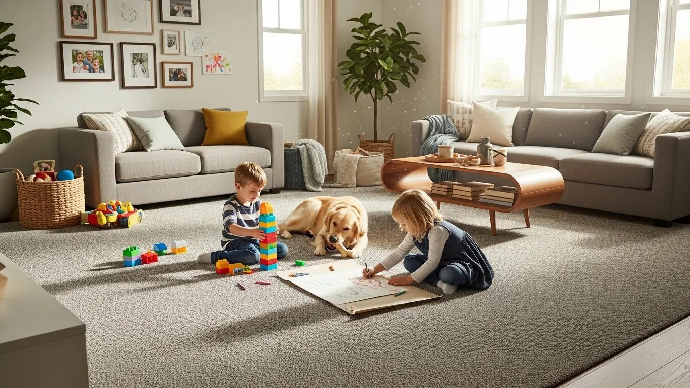 Children playing on stain-resistant carpet with a dog, surrounded by toys and a cozy living room setting, illustrating family-friendly flooring solutions.