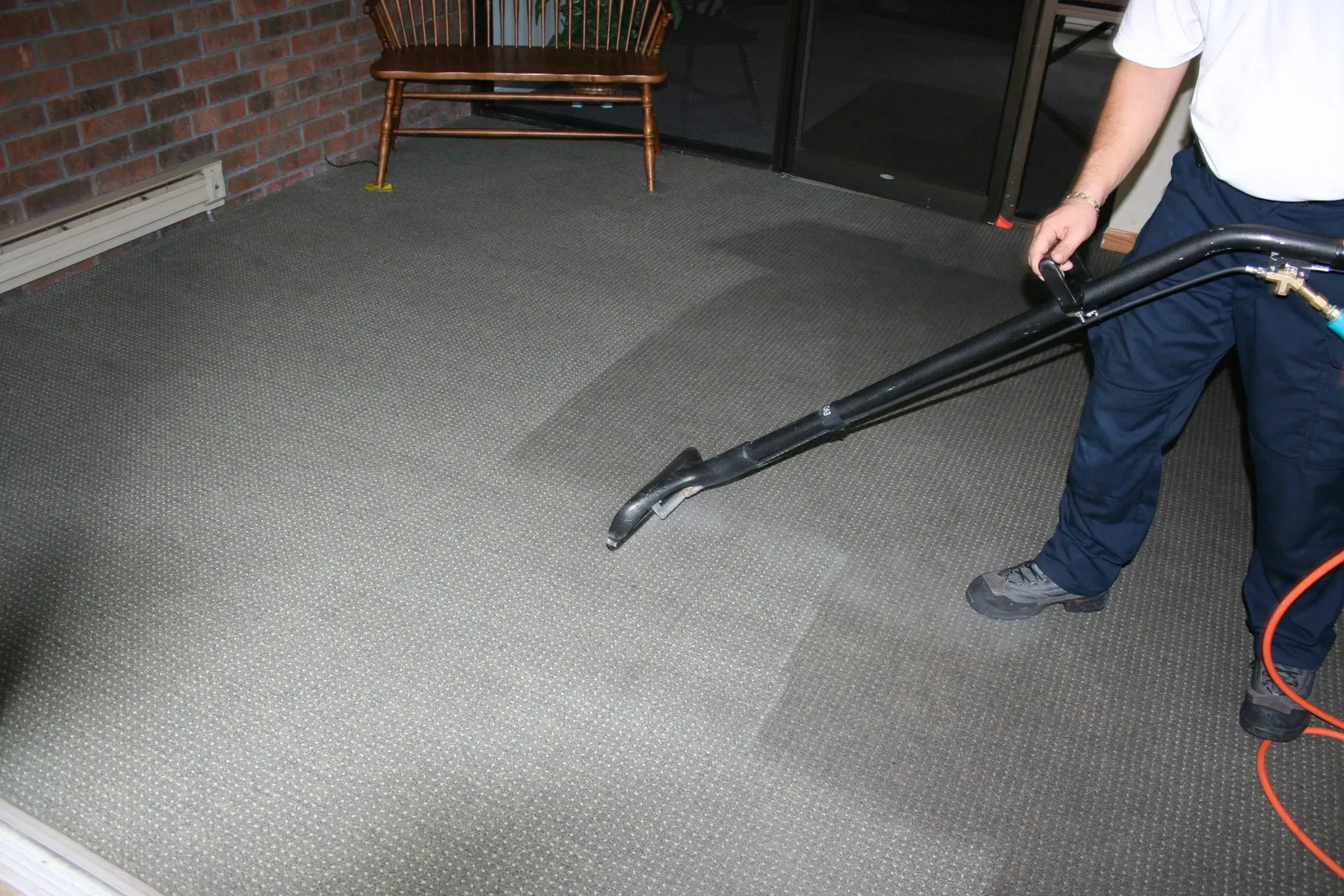 Professional cleaning an area rug with eco-friendly products, showcasing sustainable cleaning practices