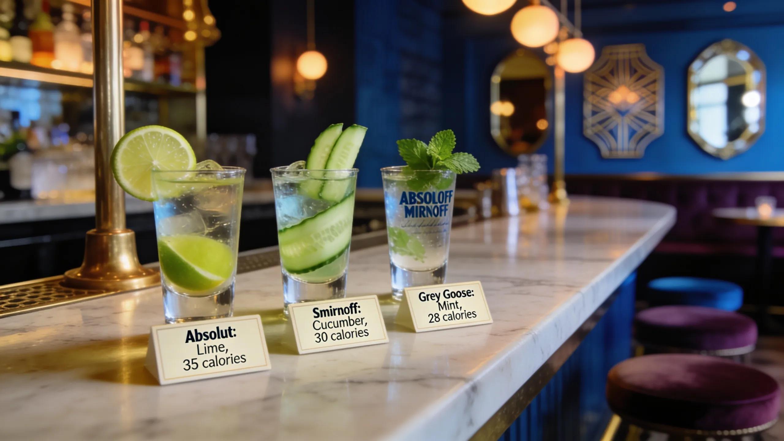 Comparison of low-calorie vodka shots with fresh ingredients in a lively bar setting