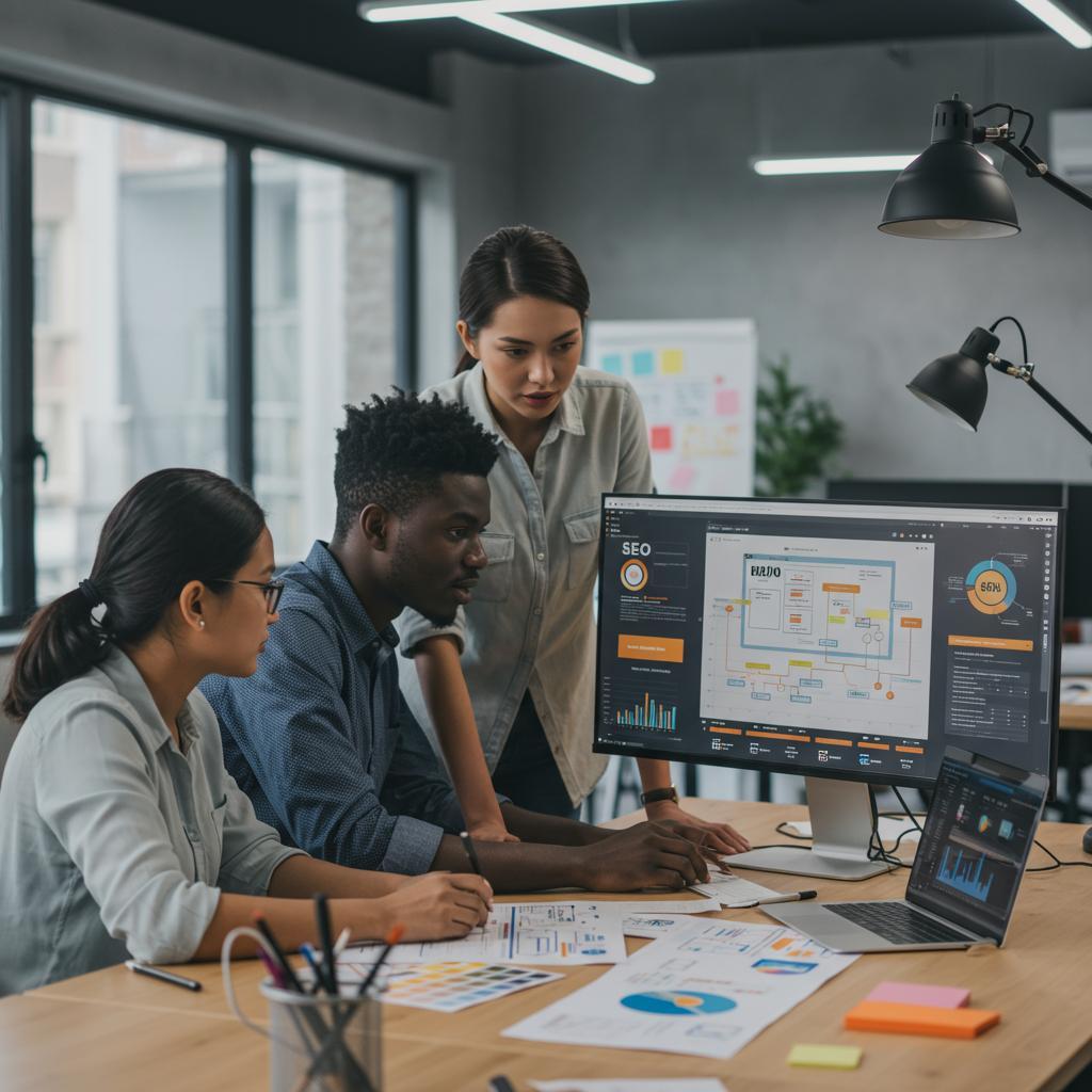 Digital marketing professional analyzing SEO strategies in a creative workspace