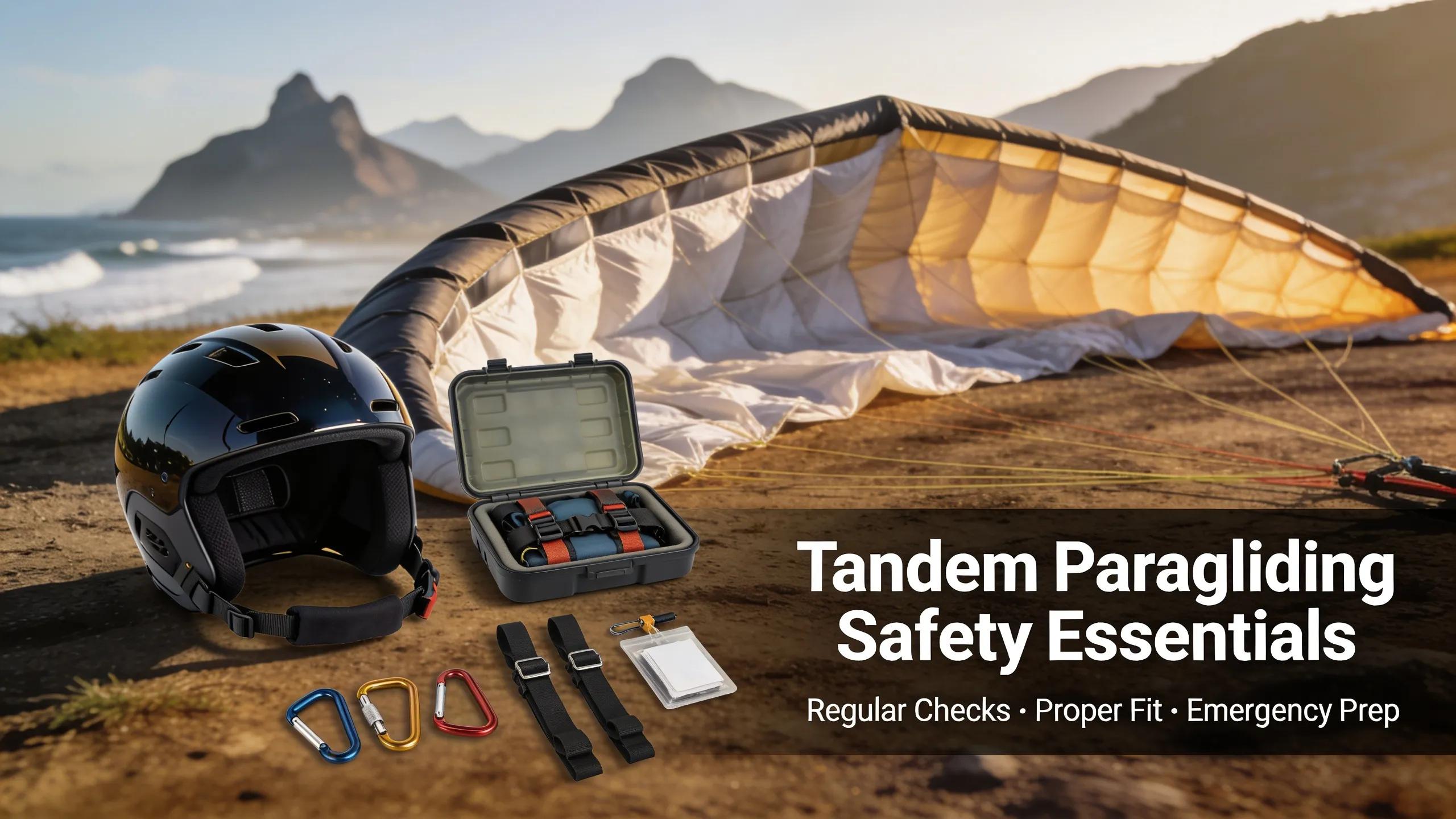 Collection of essential paragliding safety gear including wing and helmet in an outdoor setting