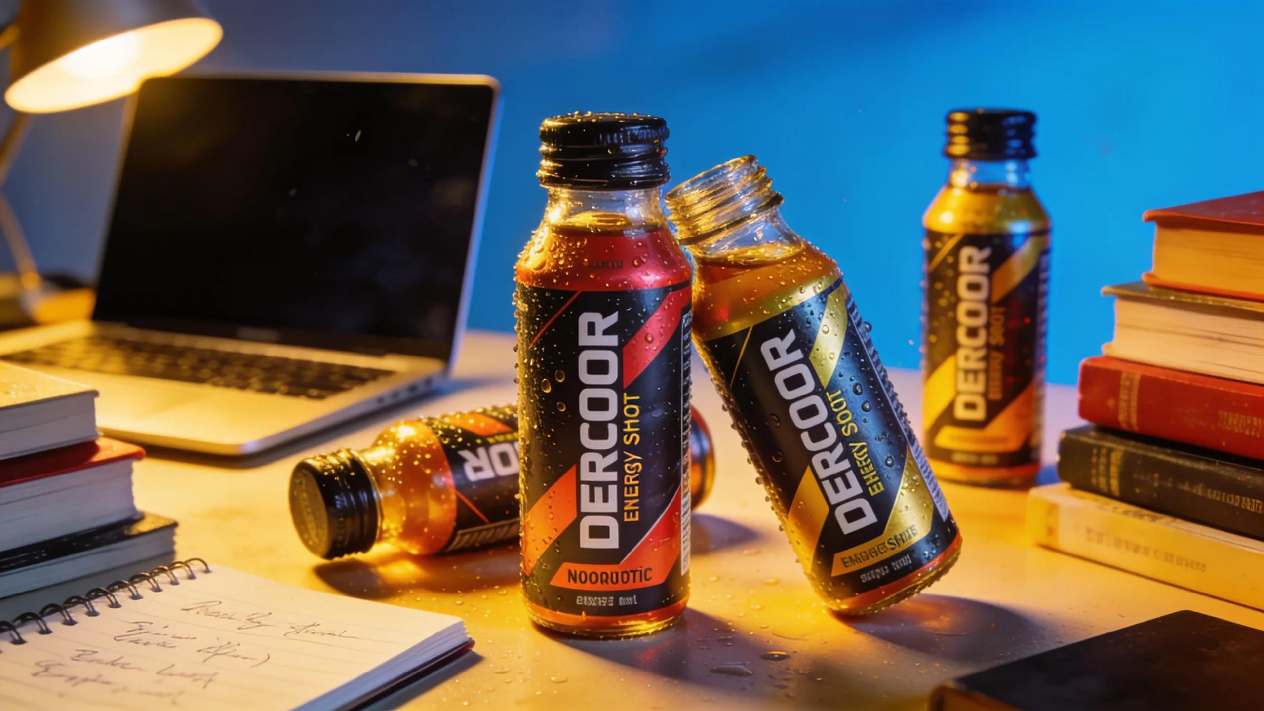 Nootropic energy shots on a workspace, symbolizing focus and cognitive enhancement