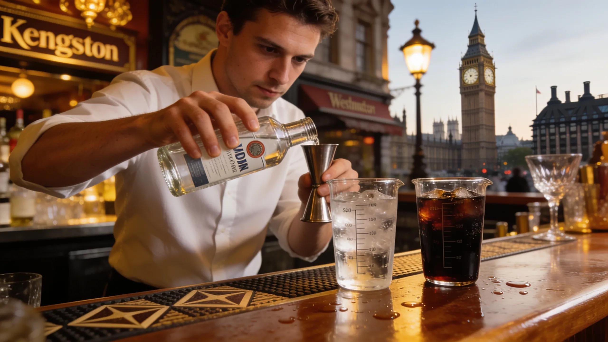 Bartender pouring and measuring vodka shot with soda and cola bottles on bar counter, illustrating calorie differences in mixed drinks