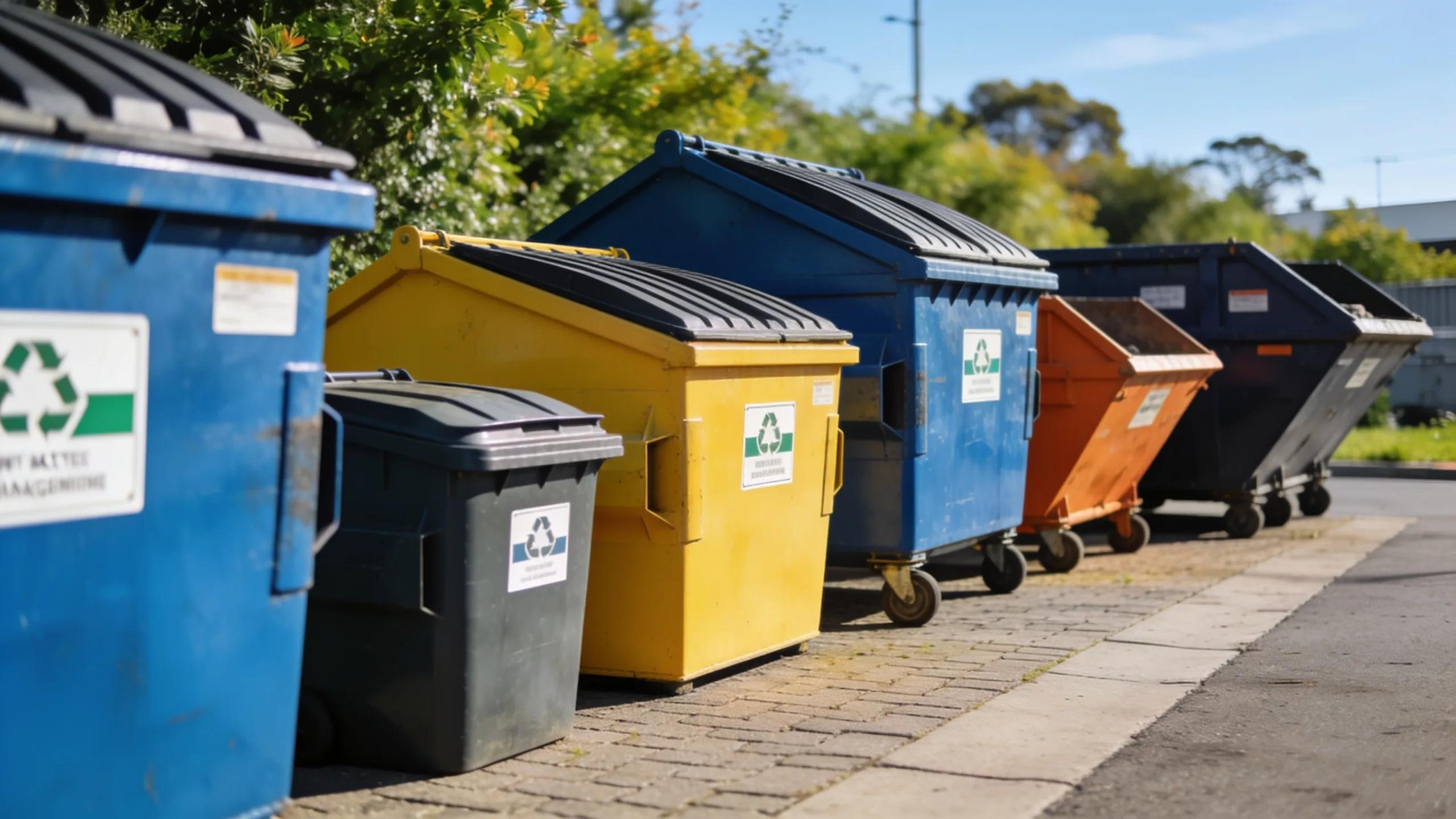 Colorful skip bins arranged in a clean outdoor setting, illustrating waste management options in Dandenong