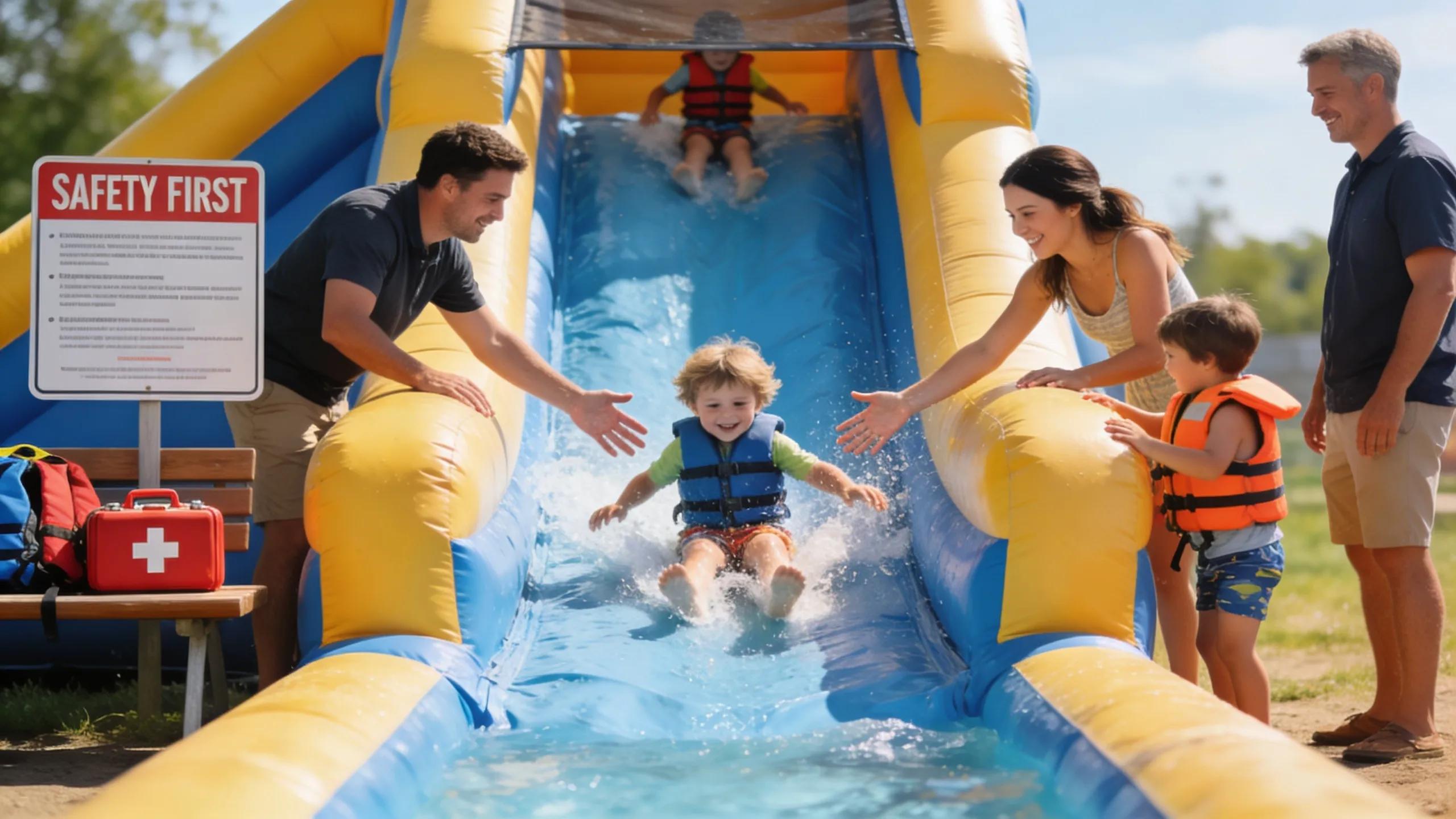 Family supervising children on an inflatable water slide, emphasizing safety measures
