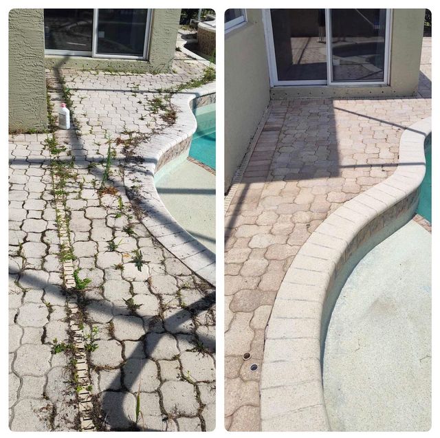 Paver patio cleaning before and after around pool deck