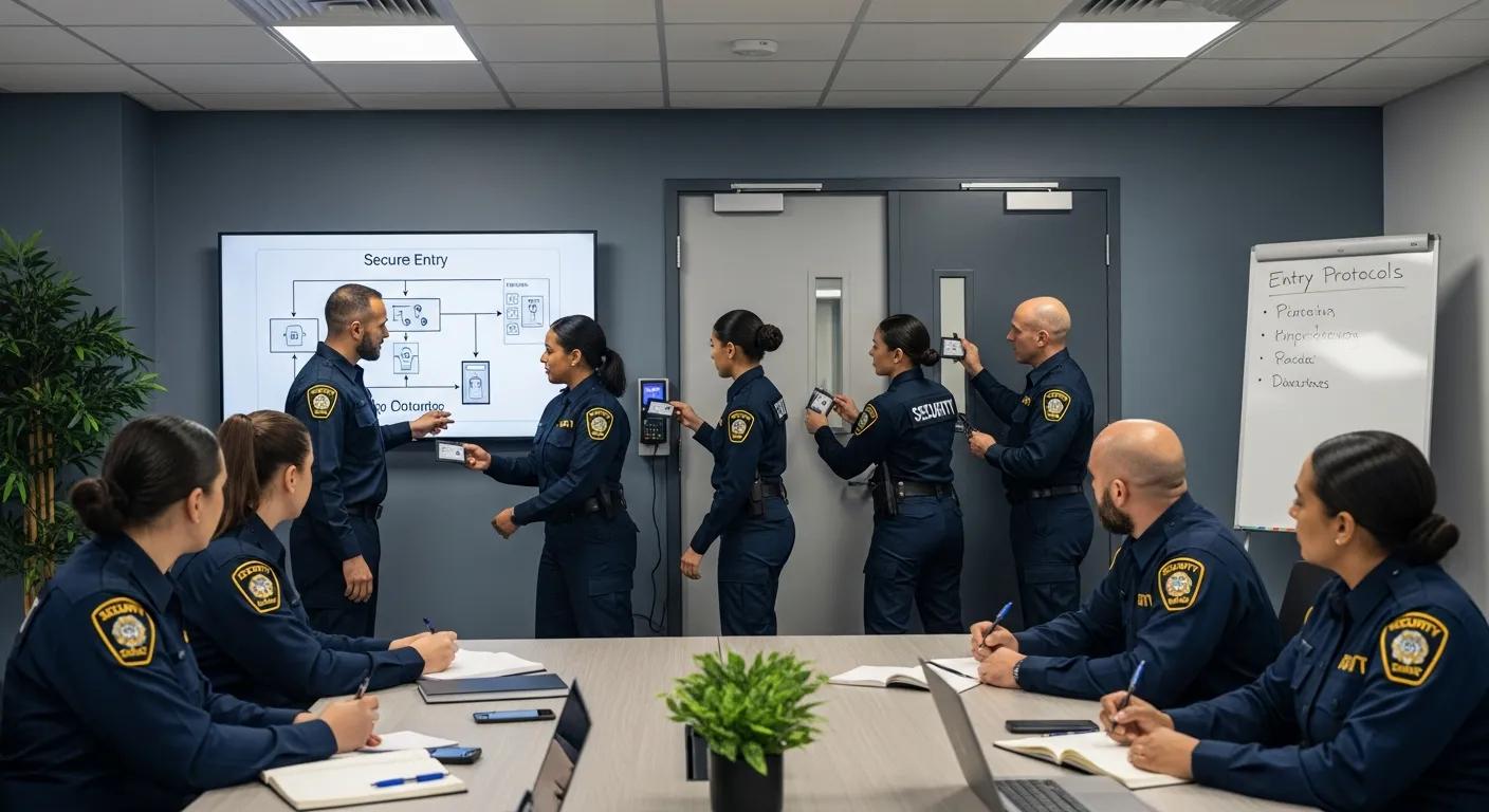 Team in a security awareness training session practicing entry protocols