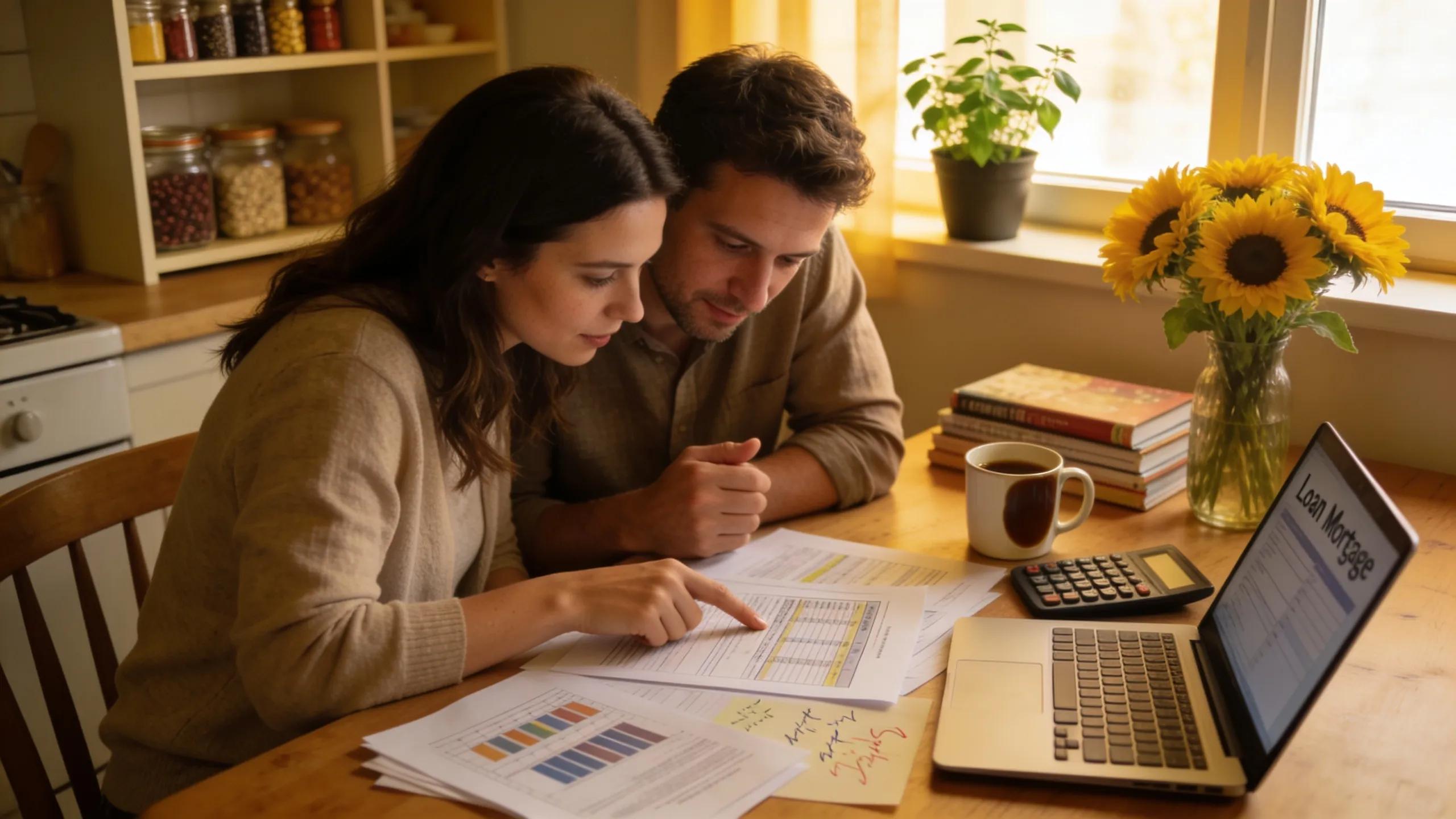 Couple discussing mortgage options at home, emphasising financial planning and stability