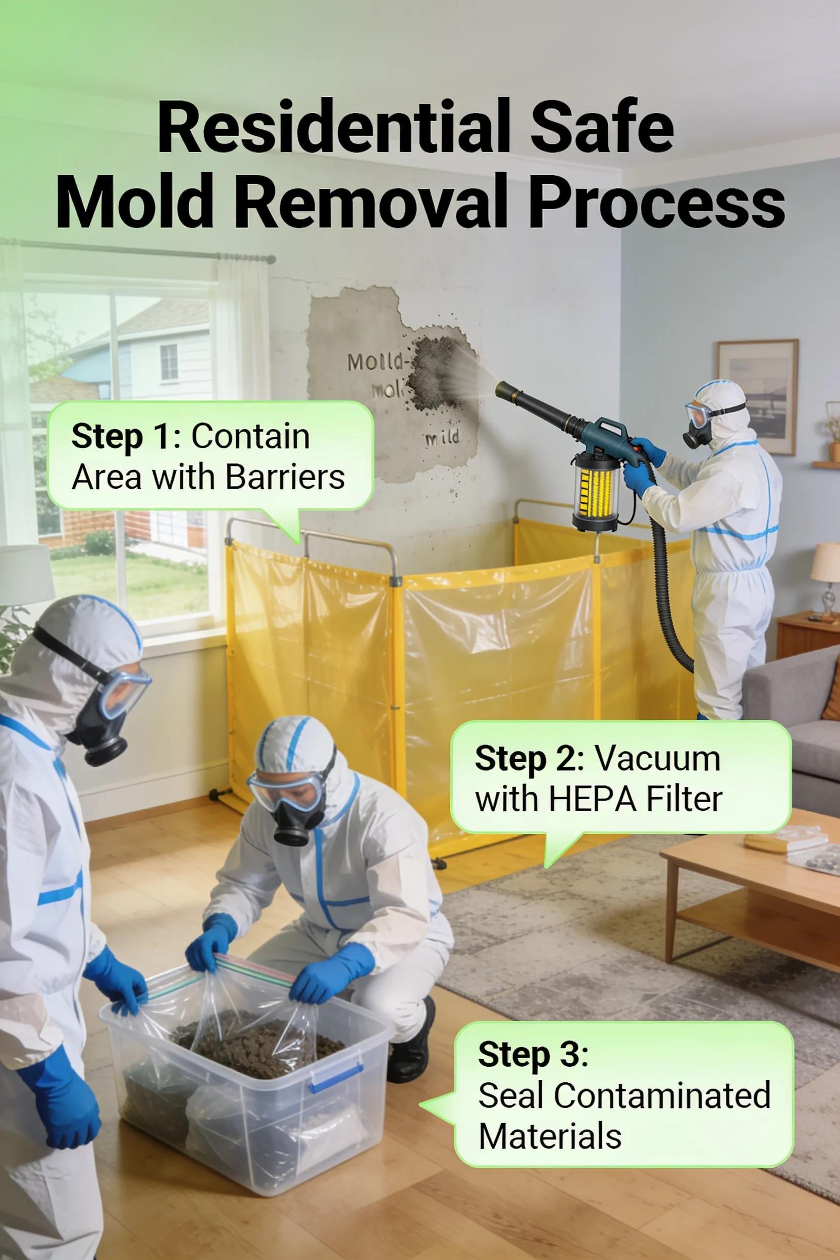 Technicians implementing safe mold removal techniques with PPE and containment barriers
