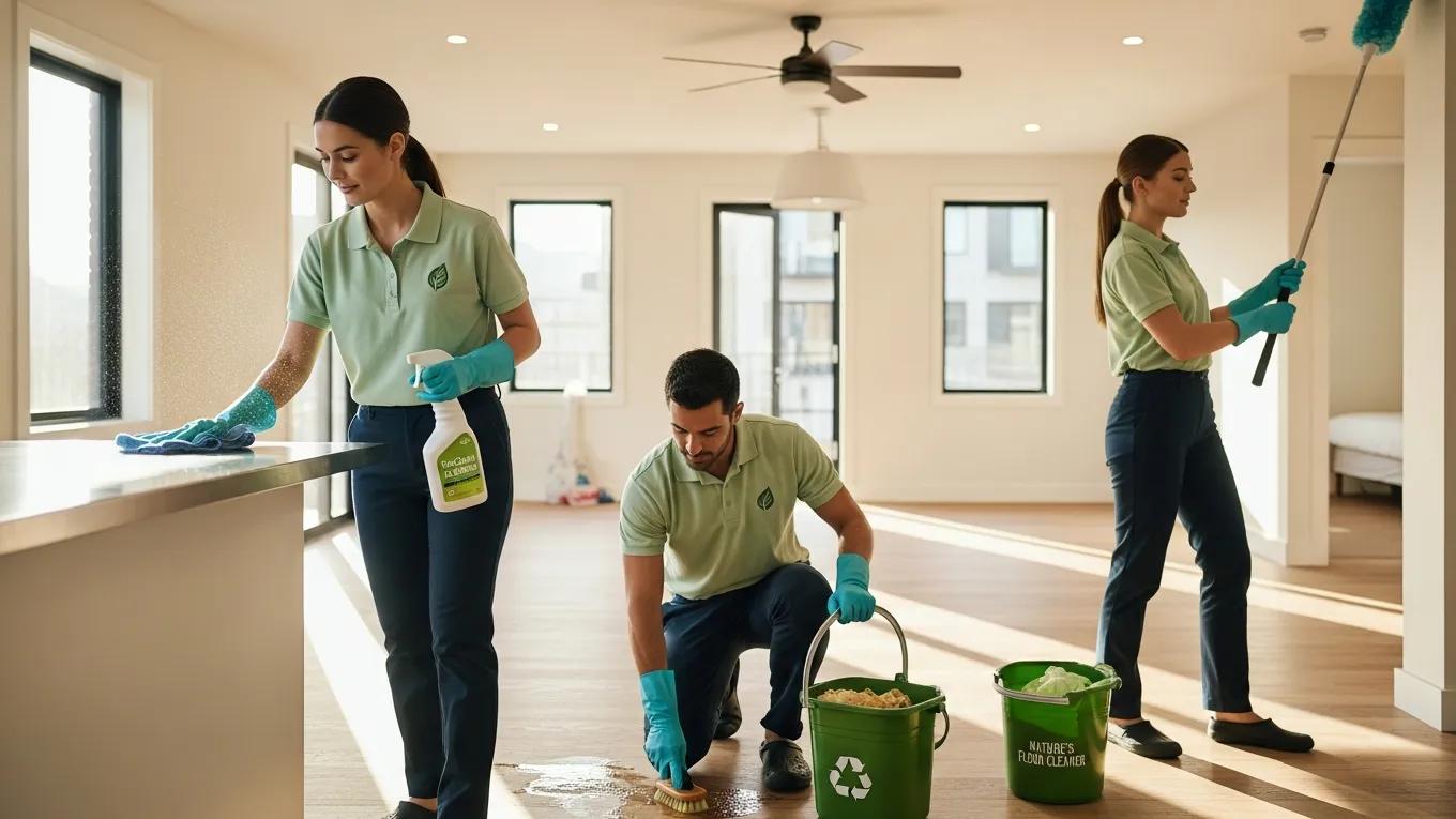 Professional cleaning team using eco-friendly products in a rental property
