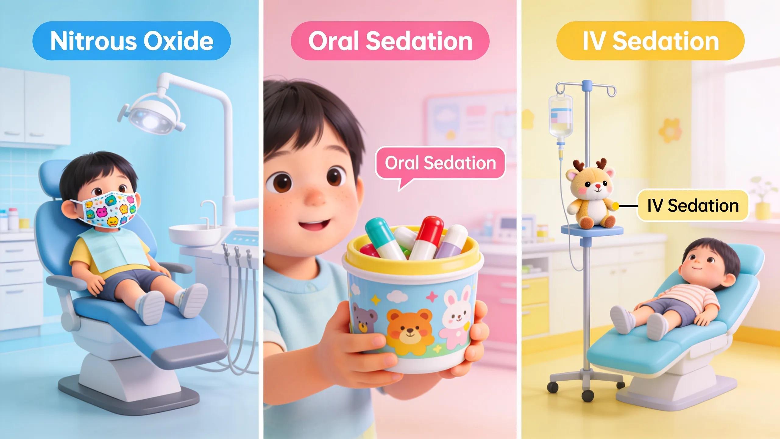 Illustration of various pediatric sedation dentistry techniques in a bright dental environment