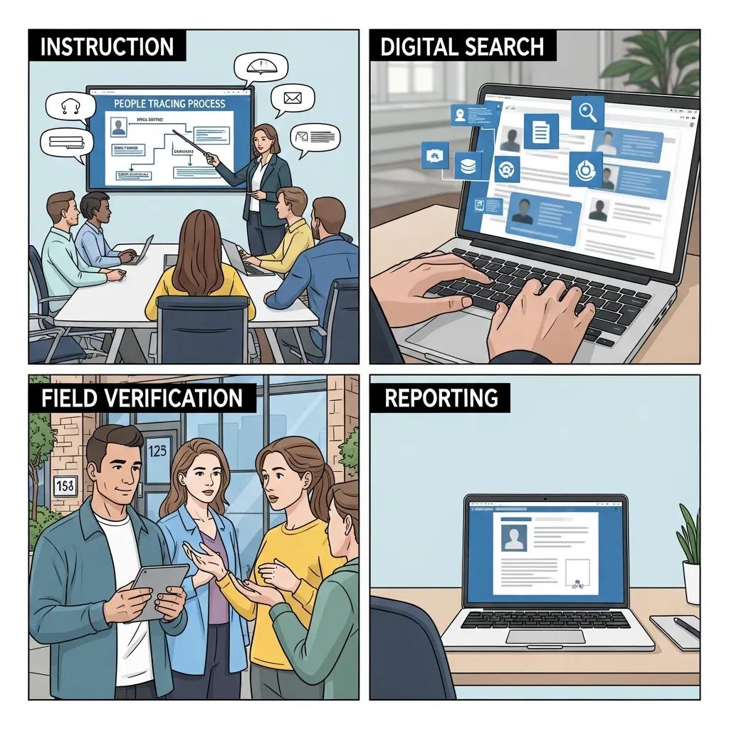 Step-by-step people tracing process: instruction, digital search, field verification, reporting