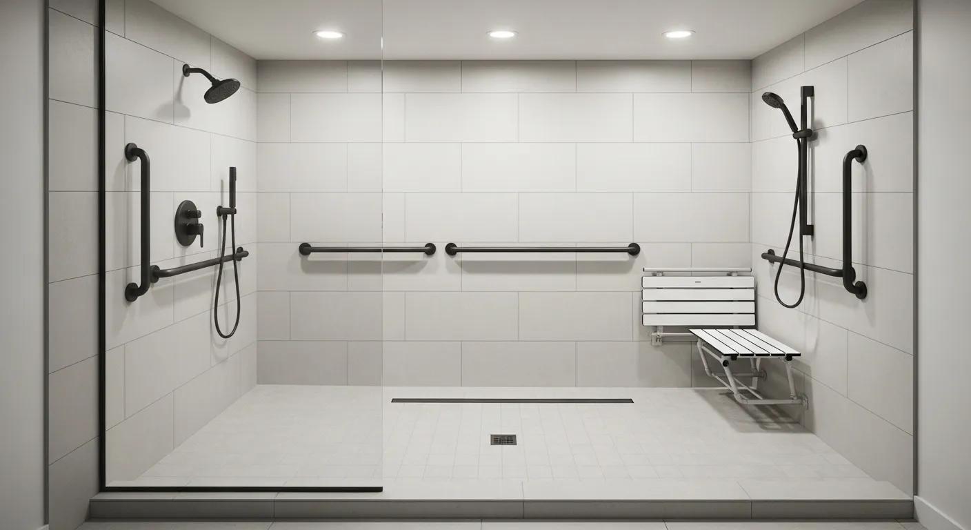Accessible shower design with safety features like grab bars and non-slip flooring for enhanced user comfort