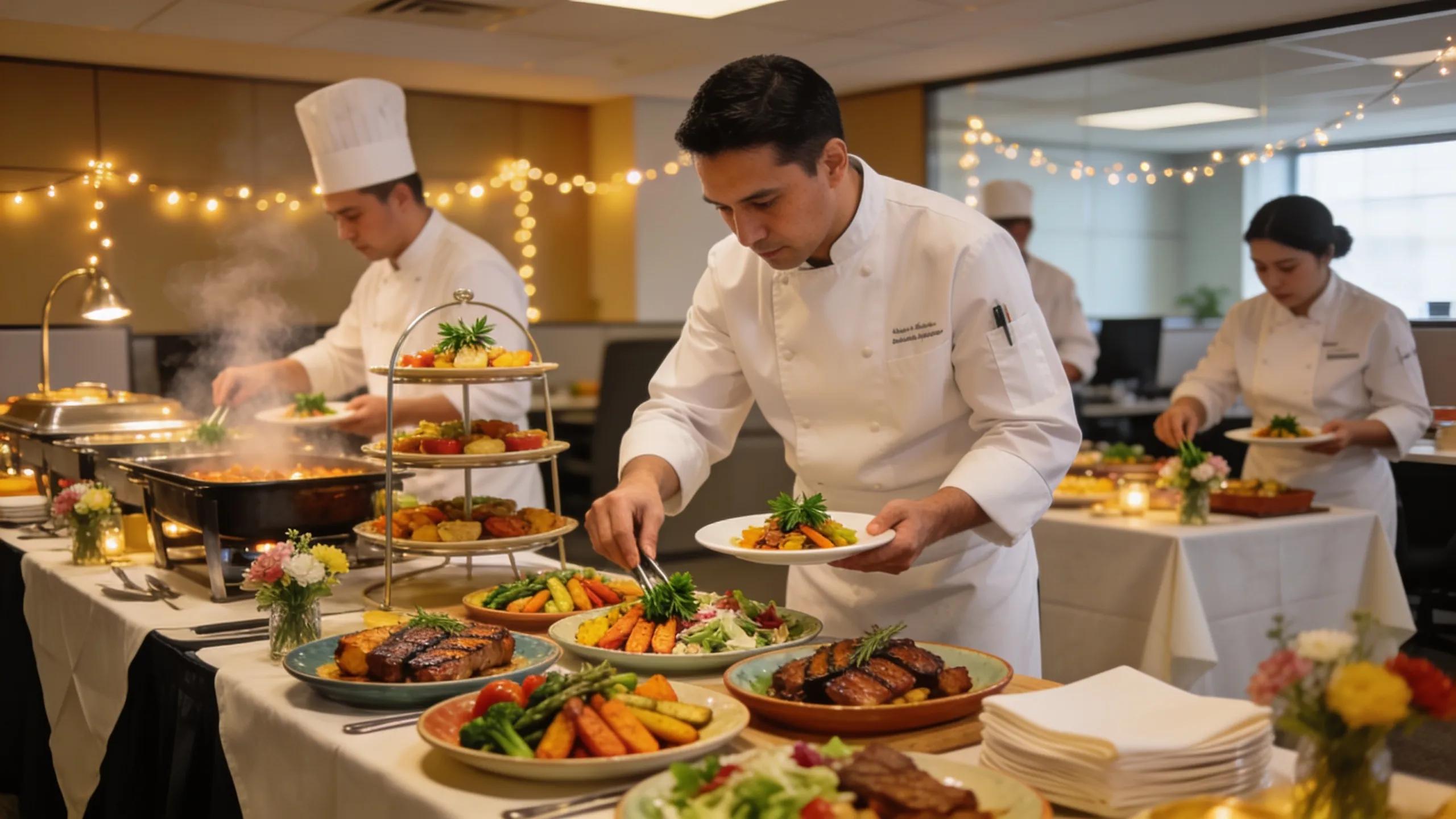 Catering team preparing buffet for a corporate event