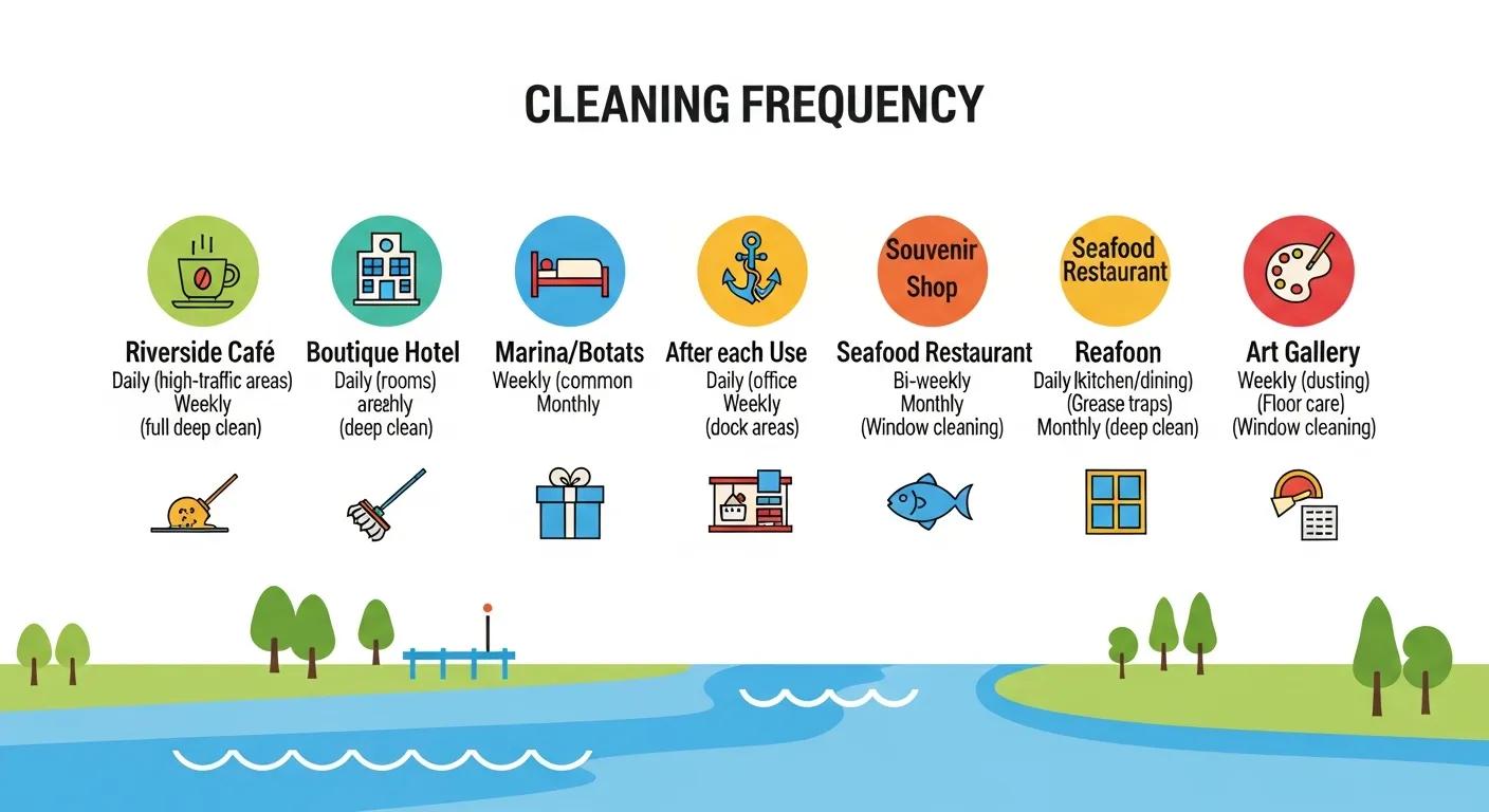 Illustration of Riverside business types with suggested cleaning frequencies Illustration of Riverside business types with suggested cleaning frequencies