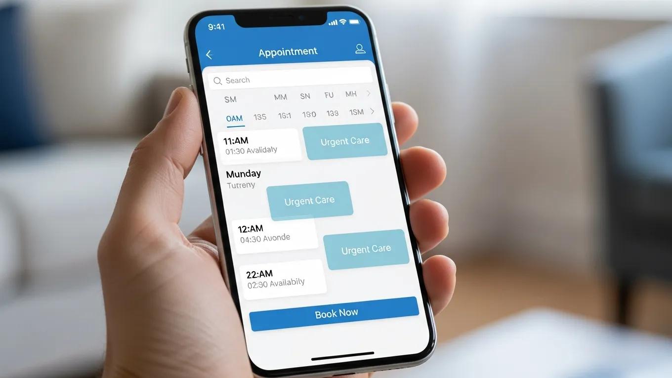 Smartphone displaying a medical appointment scheduling interface, representing the convenience and accessibility of urgent care services