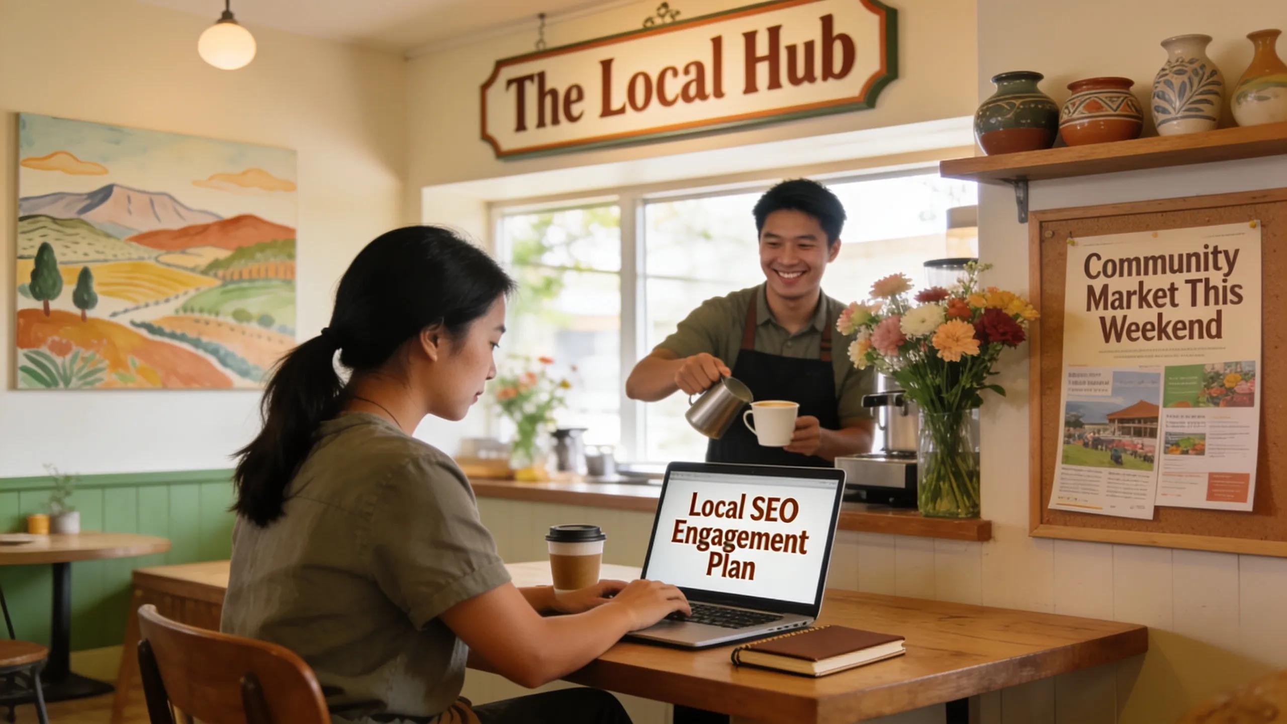 Small business owner in a café working on local SEO strategies, depicting community engagement and targeted content creation