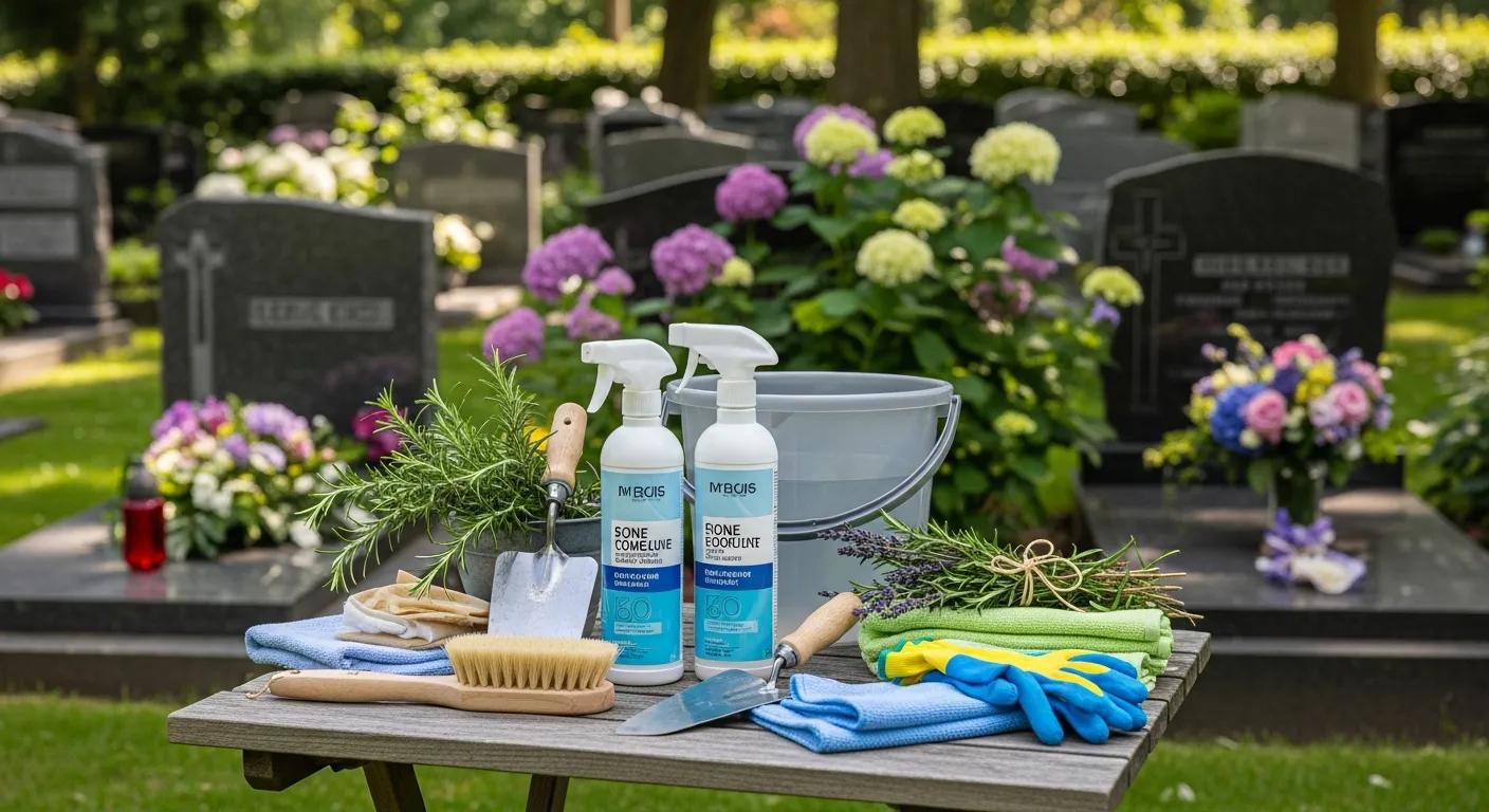 Seasonal maintenance supplies for headstones laid out in a garden area