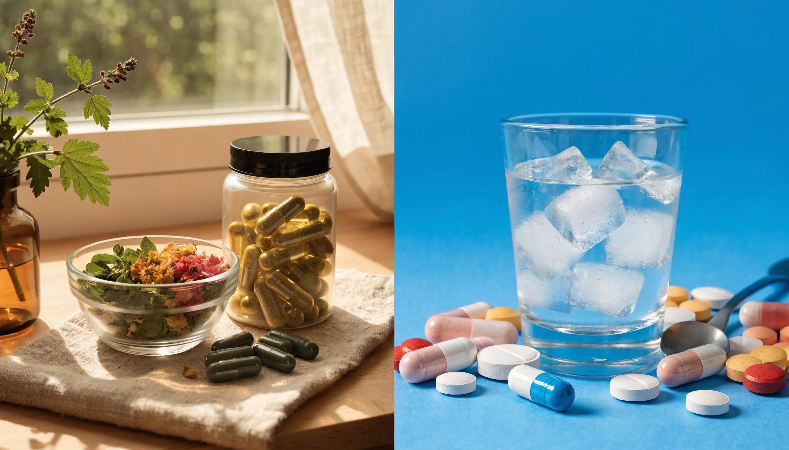 Split image contrasting natural anxiety supplements with herbs and capsules against traditional pharmaceutical medications on a clinical background