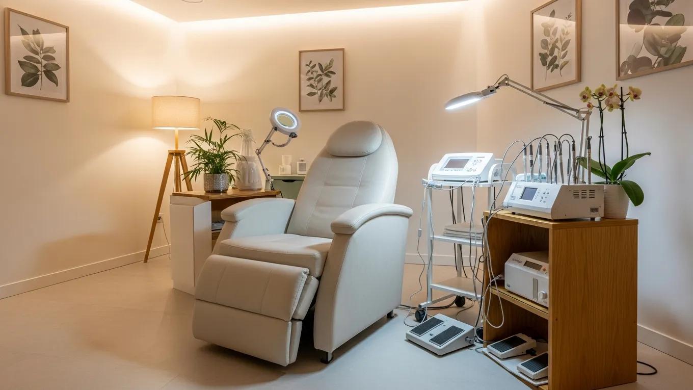 Electrolysis treatment room with comfortable chair and calming decor, emphasizing safety and professionalism