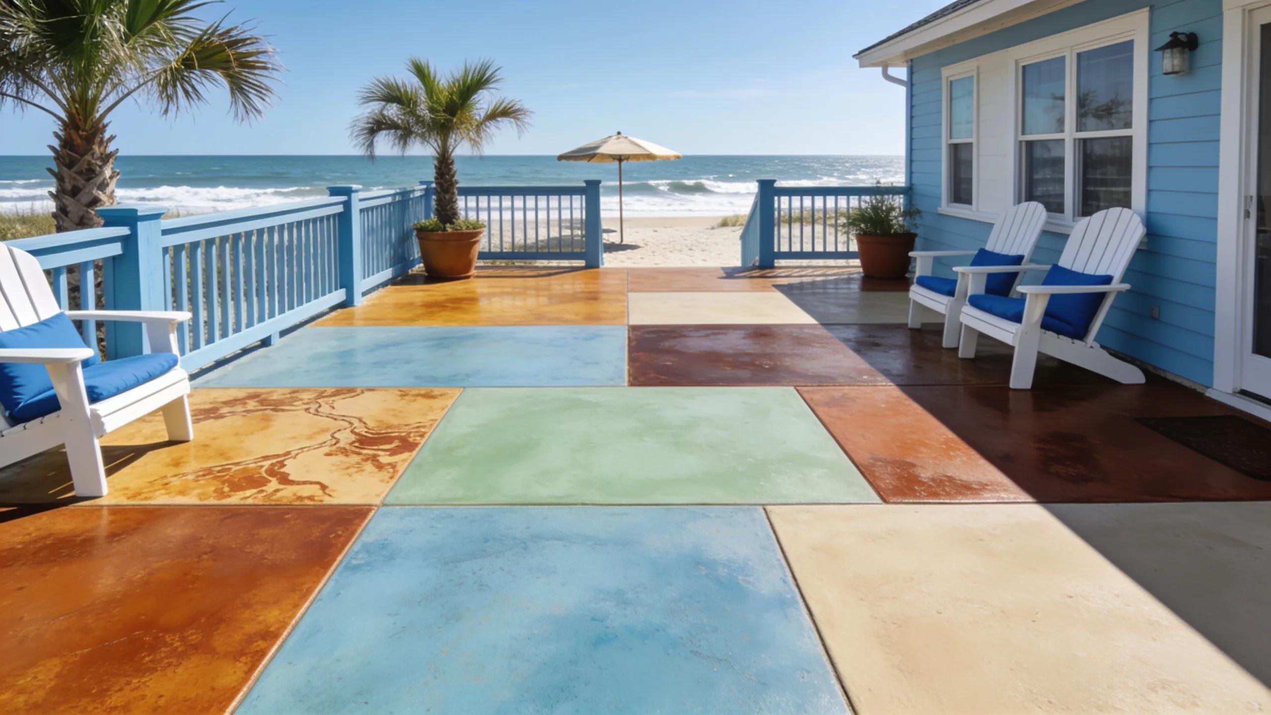 Patio with various concrete stains showcasing rich colours and textures suitable for seaside homes.