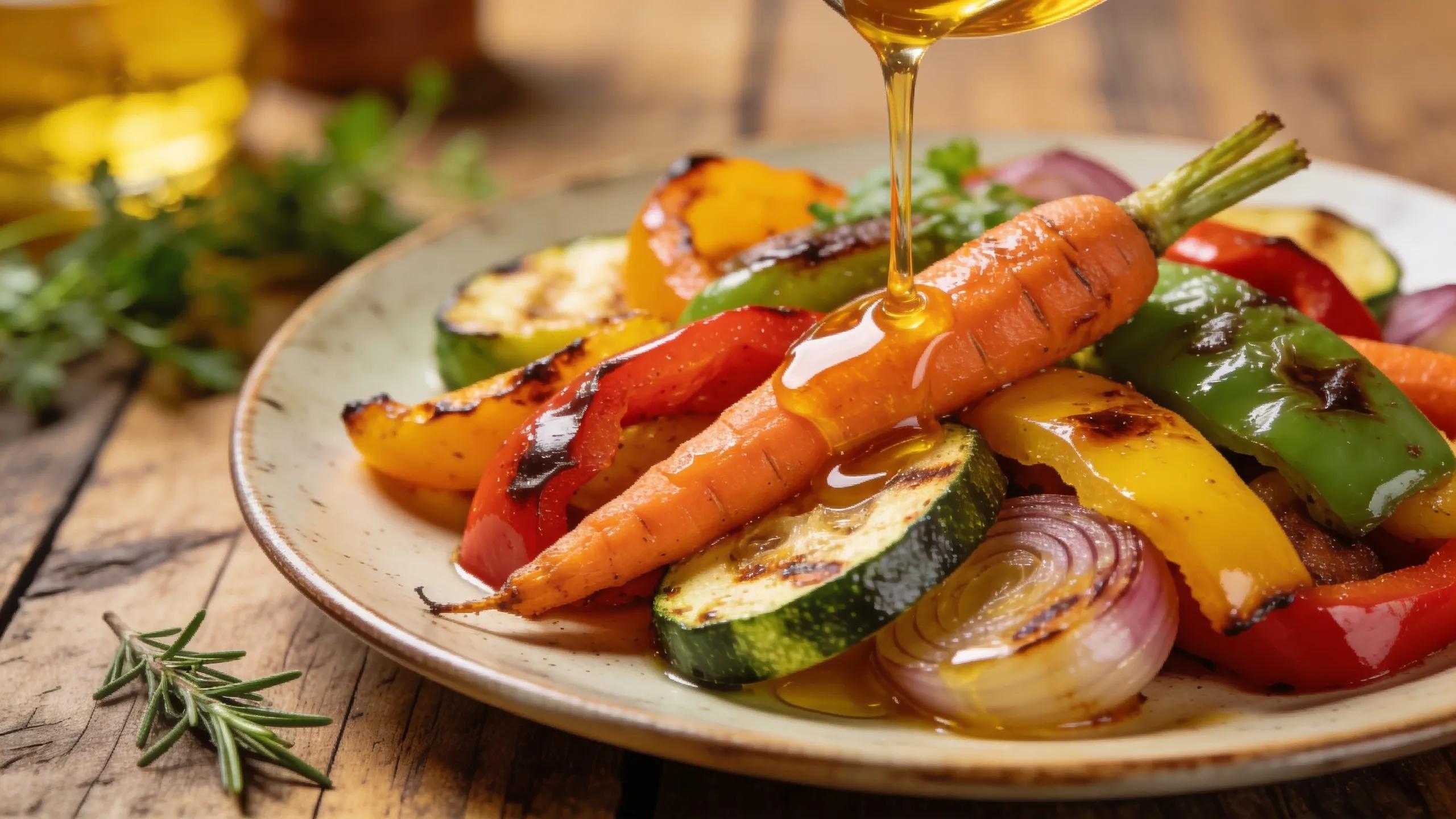 Plate of roasted vegetables drizzled with beef tallow on a rustic table demonstrating health benefits