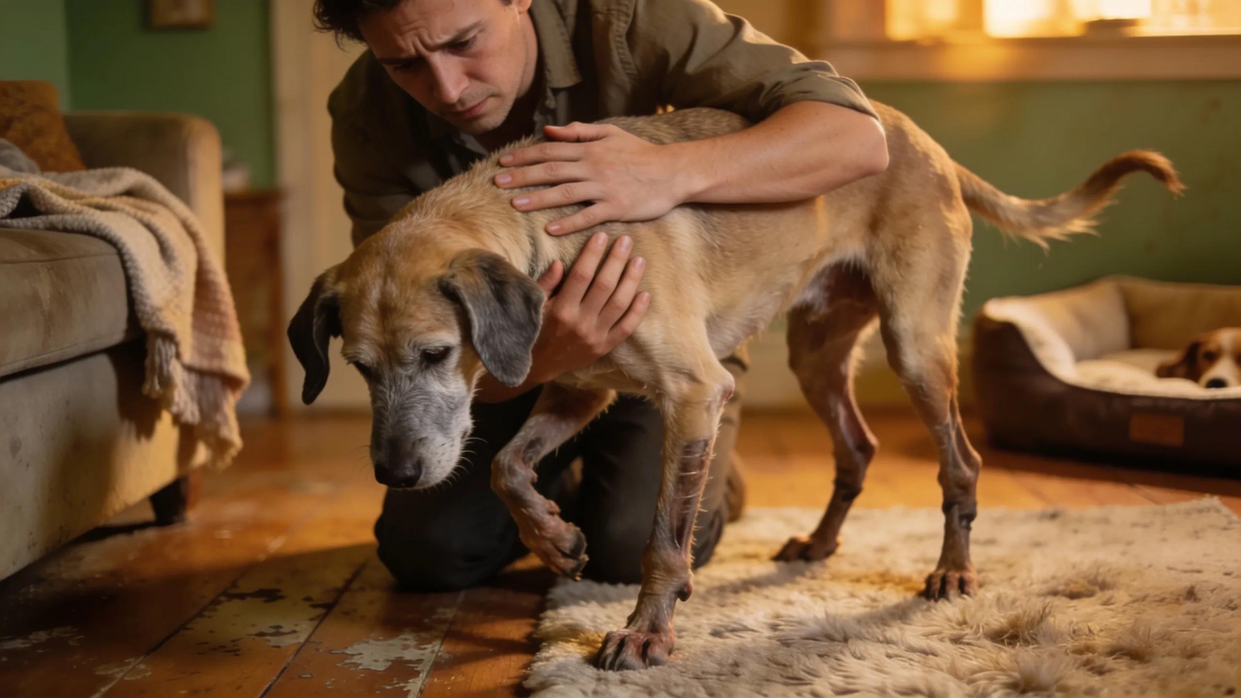 Older dog struggling with mobility, illustrating the importance of recognizing signs of distress in pets