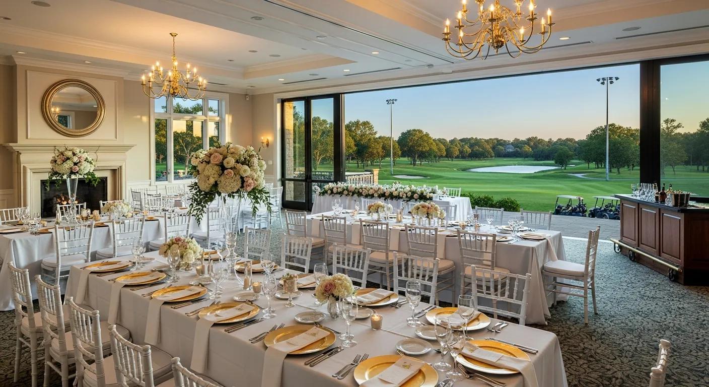 Elegant clubhouse event space set up for a wedding reception overlooking the golf course Elegant clubhouse event space set up for a wedding reception overlooking the golf course