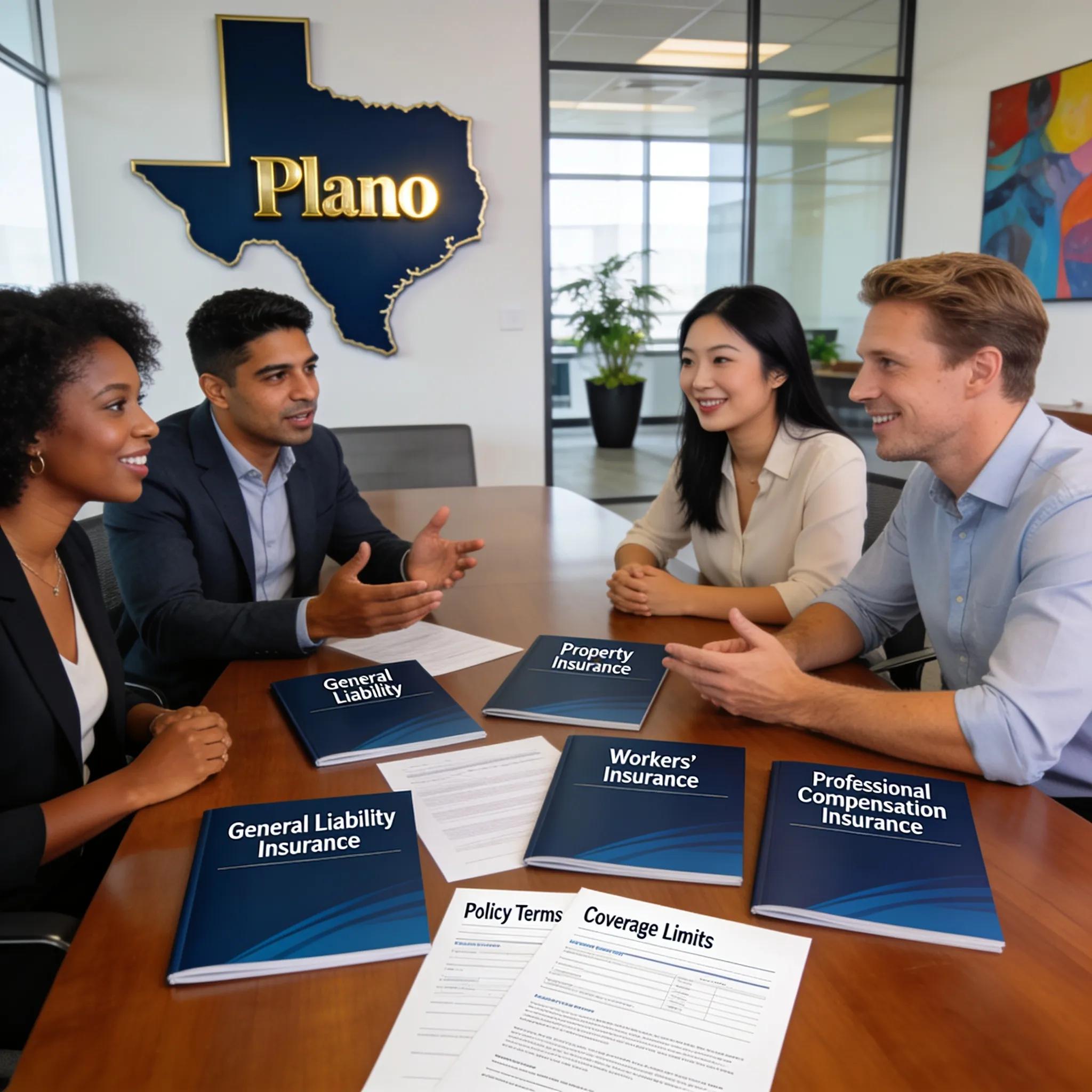 Commercial insurance options for businesses in Plano, featuring diverse professionals discussing insurance in an office