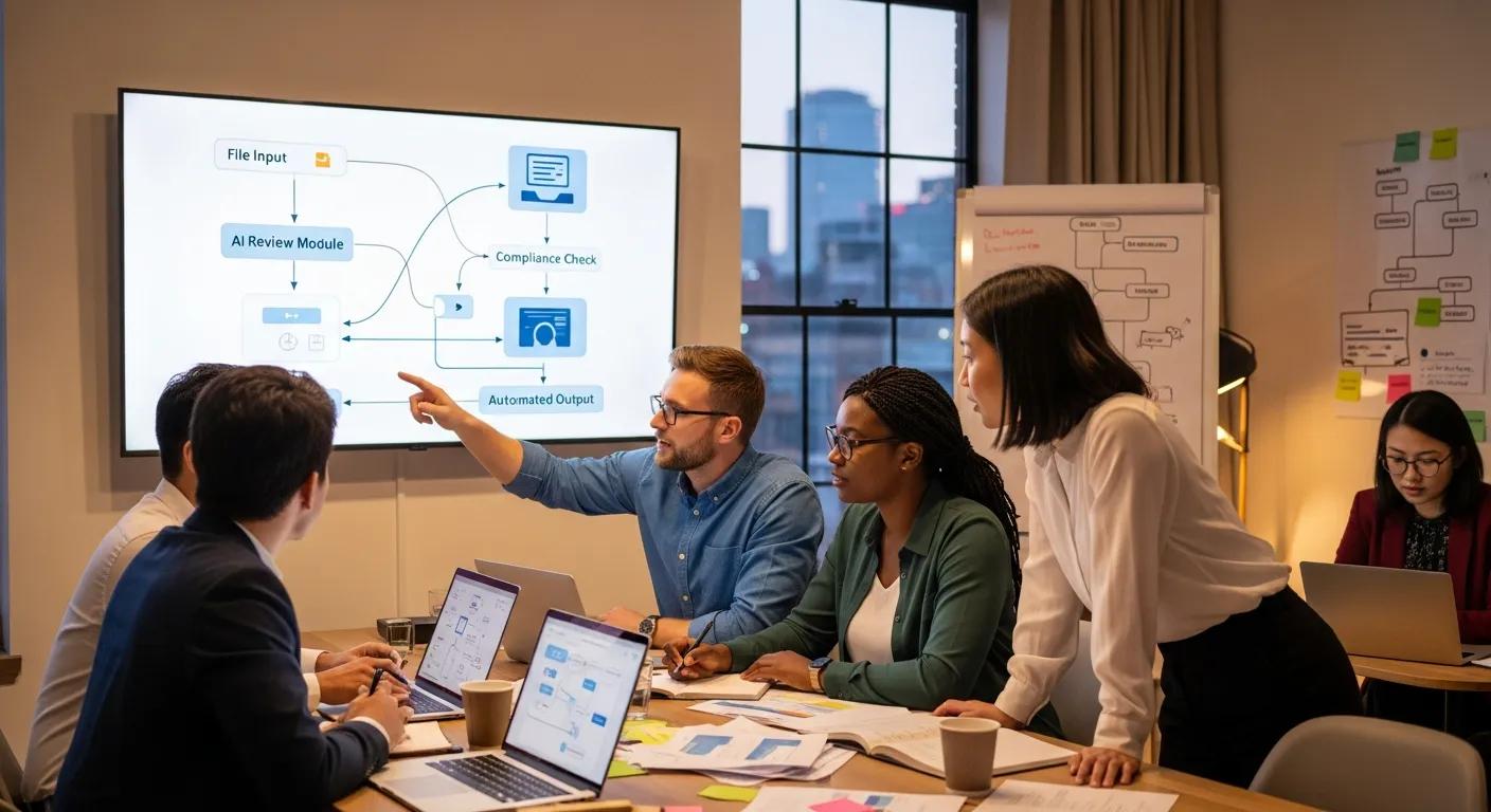 Team collaborating on collateral file review automation in a cozy meeting room Team collaborating on collateral file review automation in a cozy meeting room