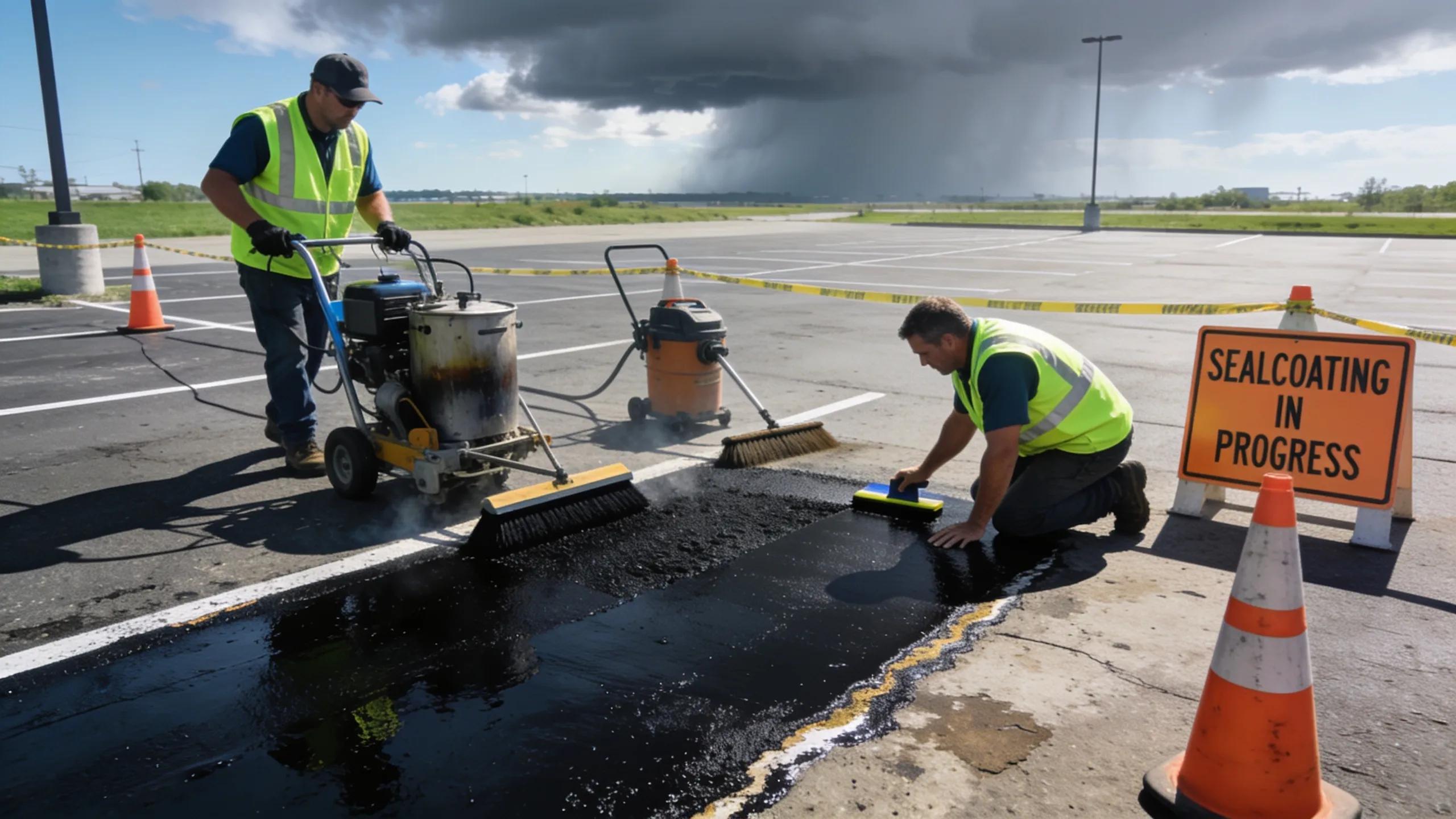 Professional sealcoating service in Edmond, emphasizing asphalt maintenance and preparation before harsh weather.