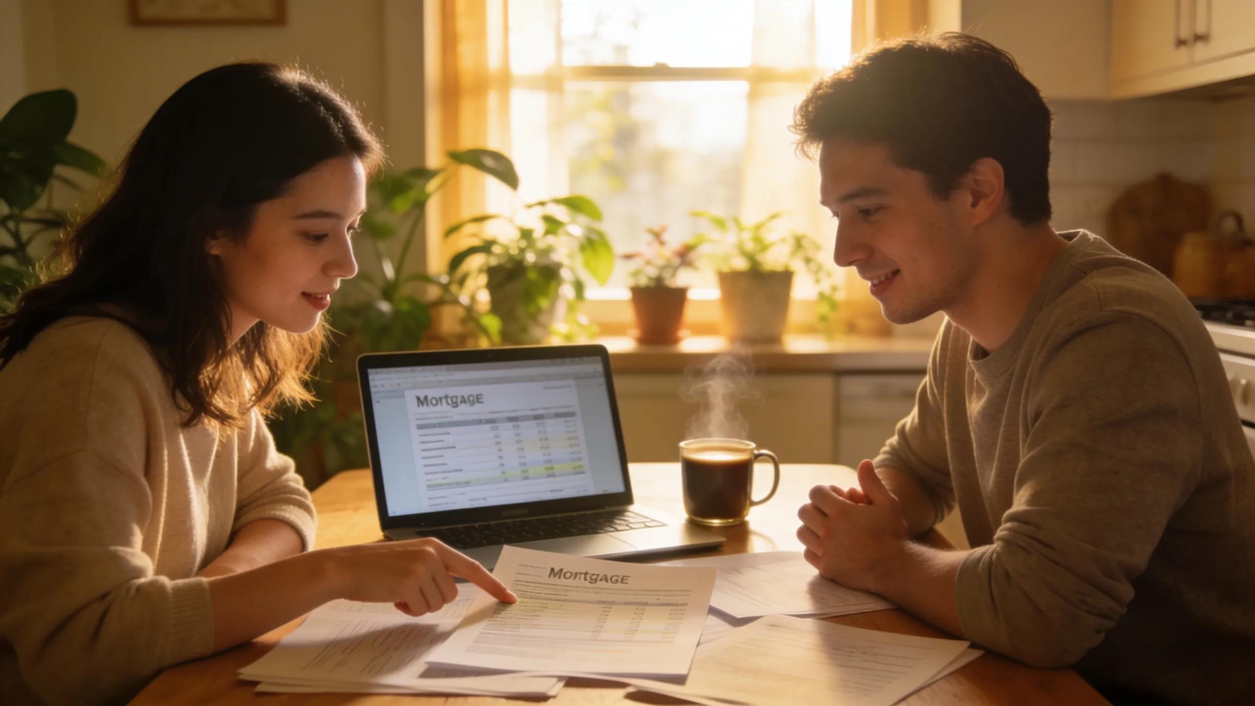 Couple discussing mortgage options at home, embodying warmth and financial planning