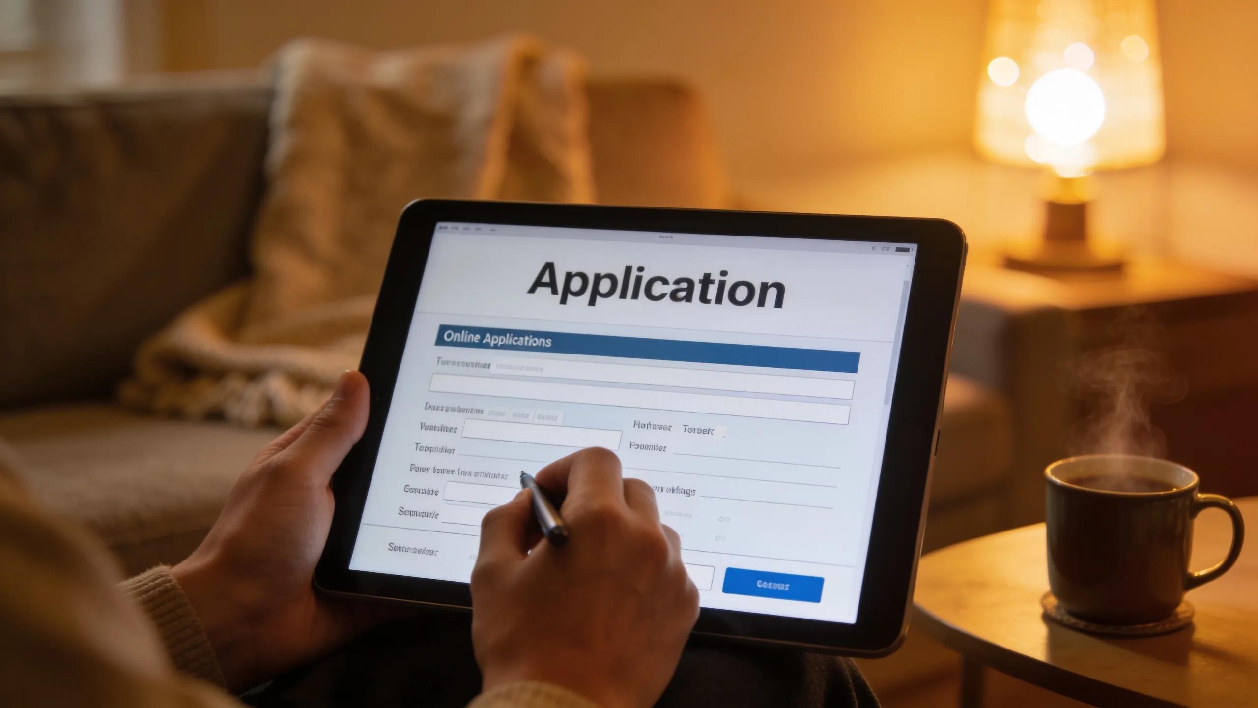 A hand filling out an online payday loan application on a tablet, set in a cozy home environment.