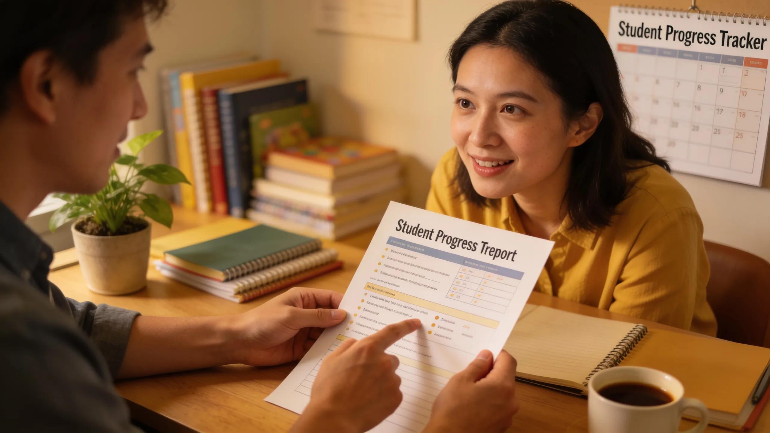 Tutor and parent discussing a student's progress report in a comfortable office