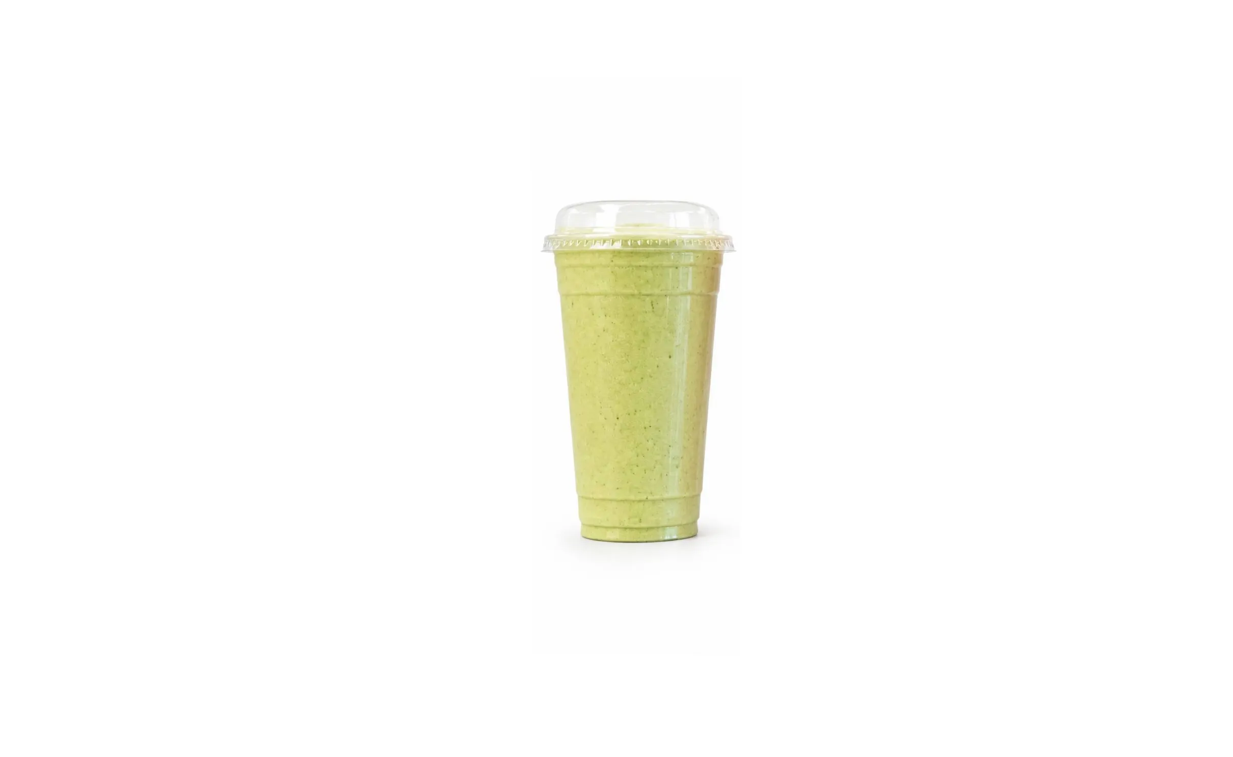 Green protein smoothie in a clear cup at Fuel Up Energy Cafe in Bolingbrook, IL