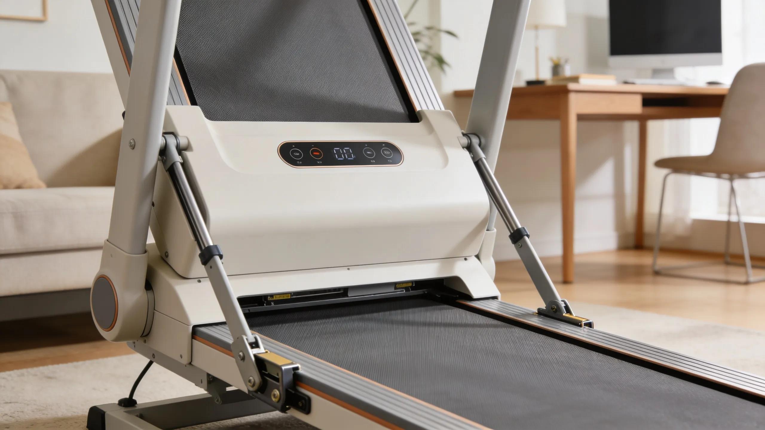 Close-up of walking pad features, emphasizing speed controls and compact design for active lifestyles.