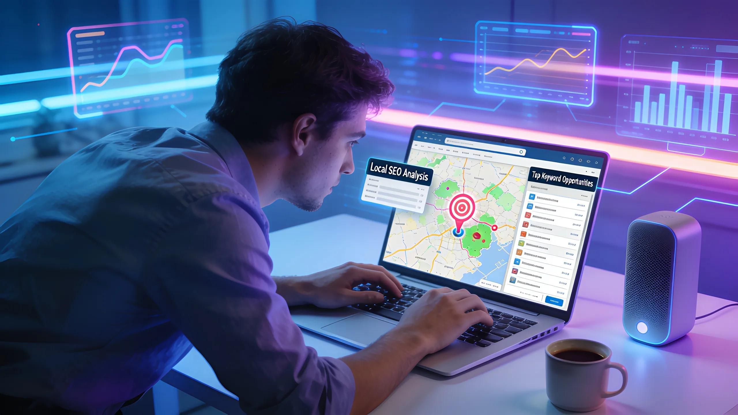 Person analyzing keyword data on a laptop to optimize contractor local SEO