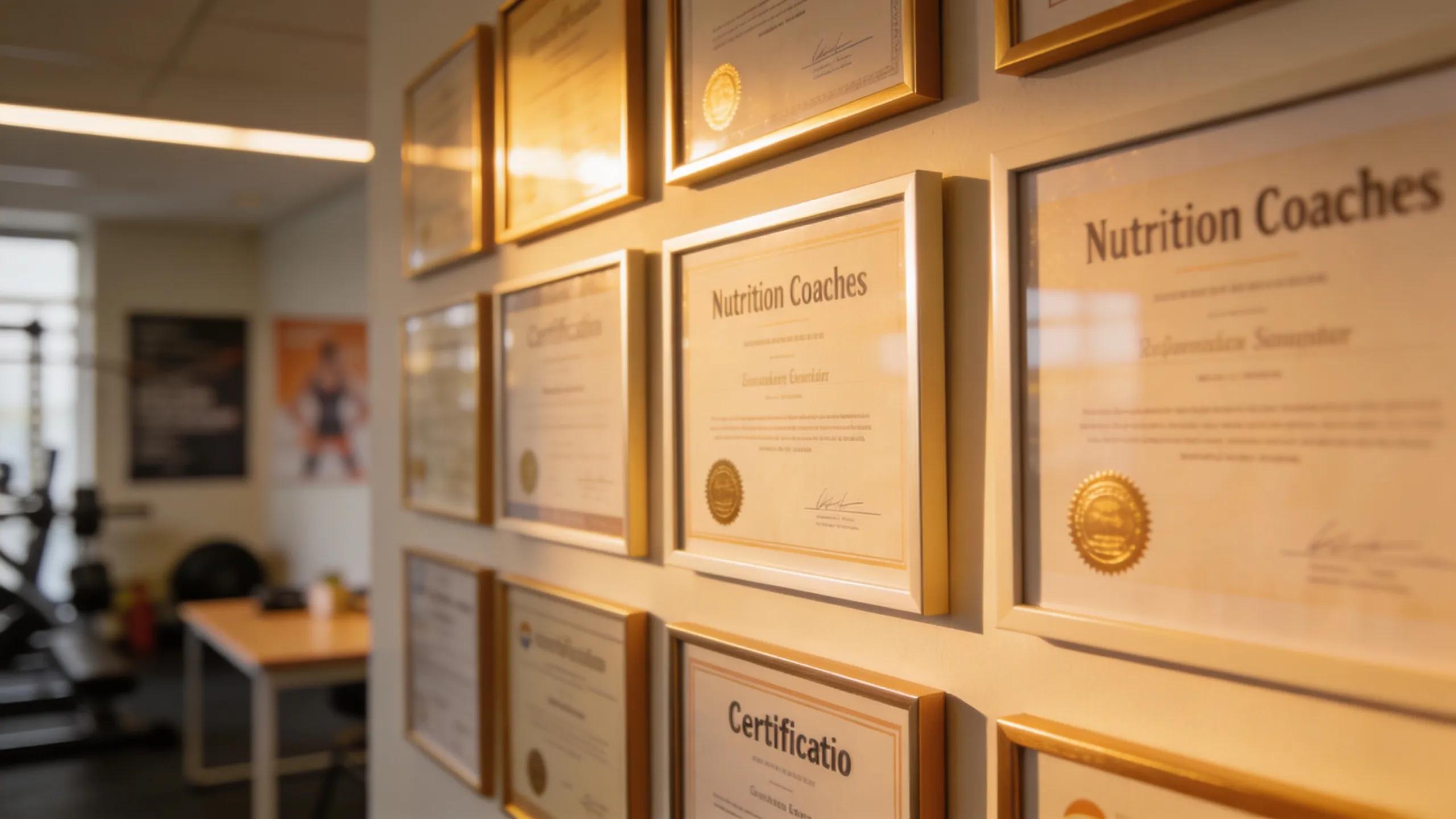 Close-up of framed nutrition coaching certifications emphasizing expertise in fitness and health.